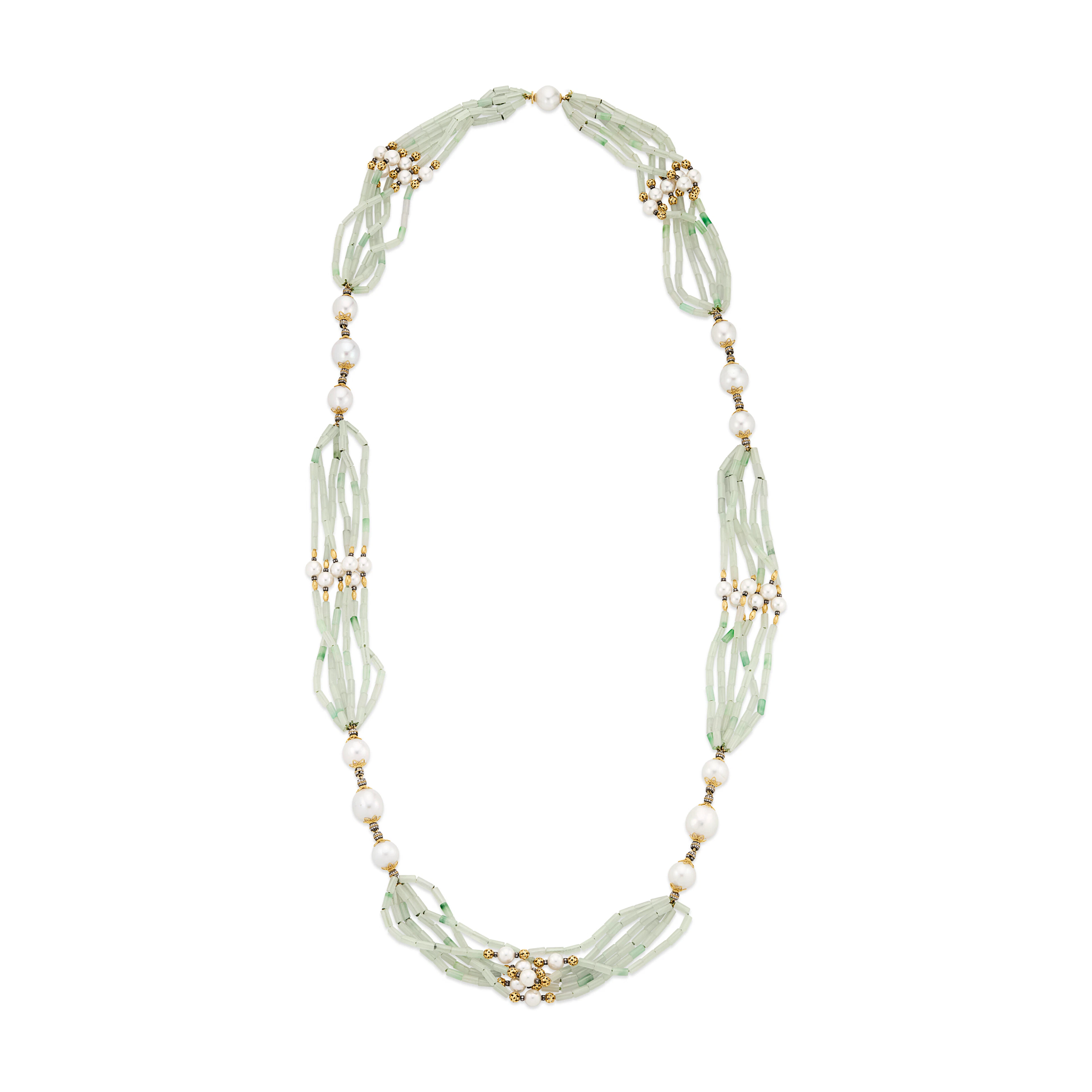 Verdura Cultured Pearl, Jade and Diamond Longchain Multi-Strand Necklace