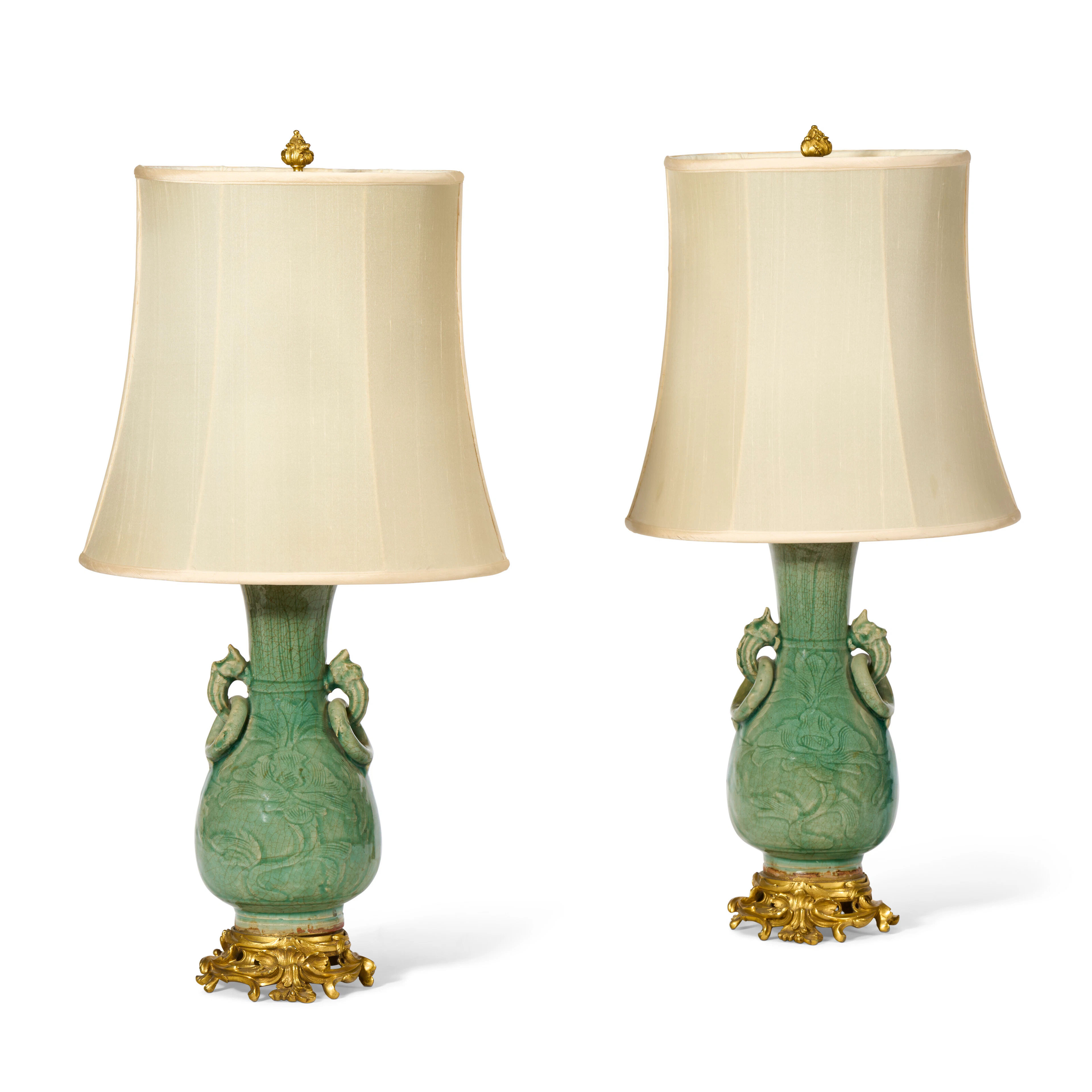 A PAIR OF LOUIS XV STYLE ORMOLU-MOUNTED CHINESE CELADON PORCELAIN