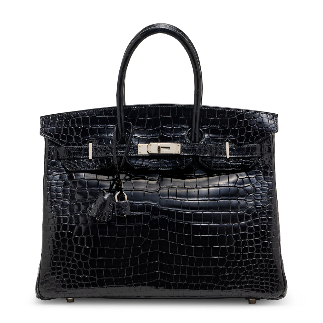 A Shiny Black Porosus Crocodile Birkin 35 with Palladium Hardware