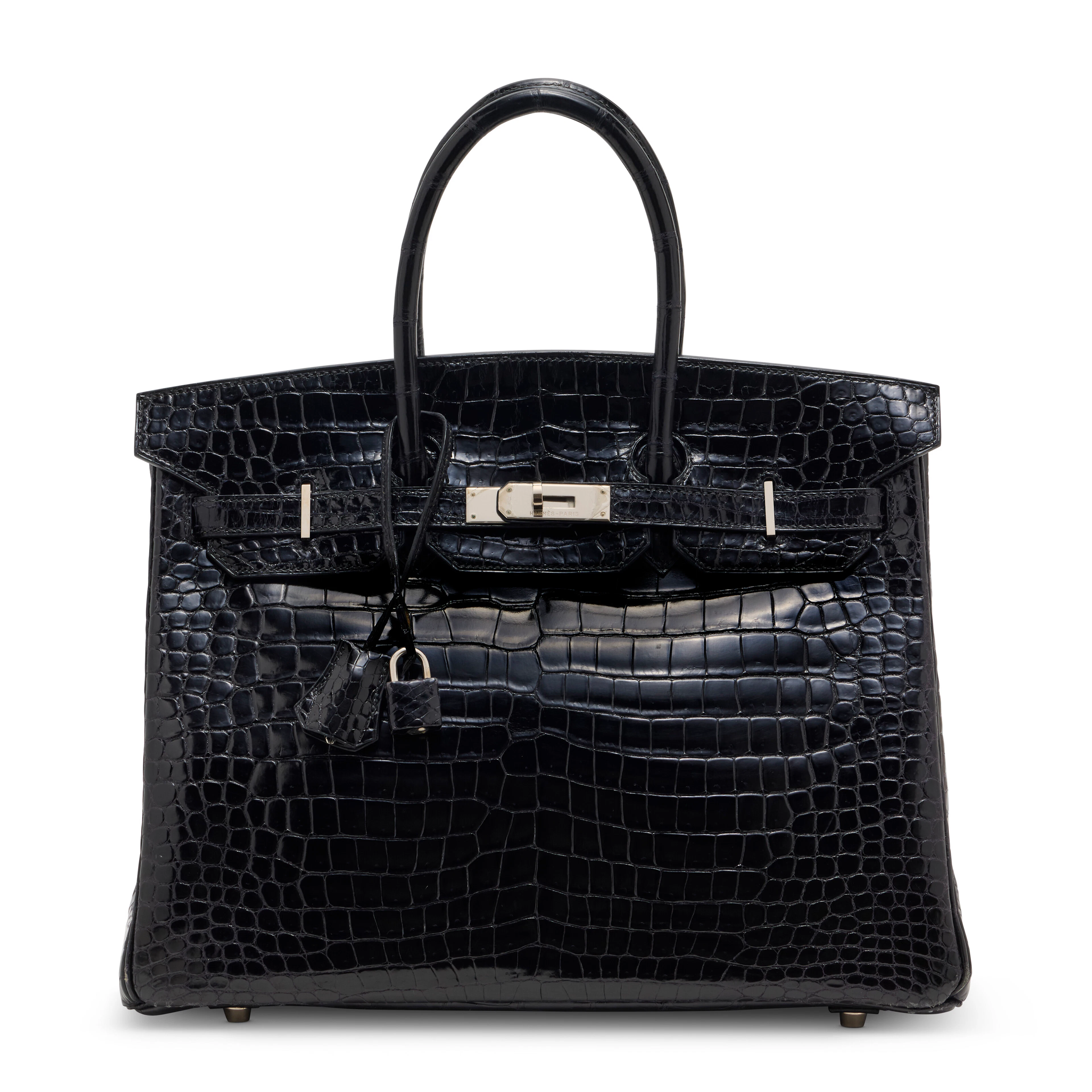 A Shiny Black Porosus Crocodile Birkin 35 with Palladium Hardware
