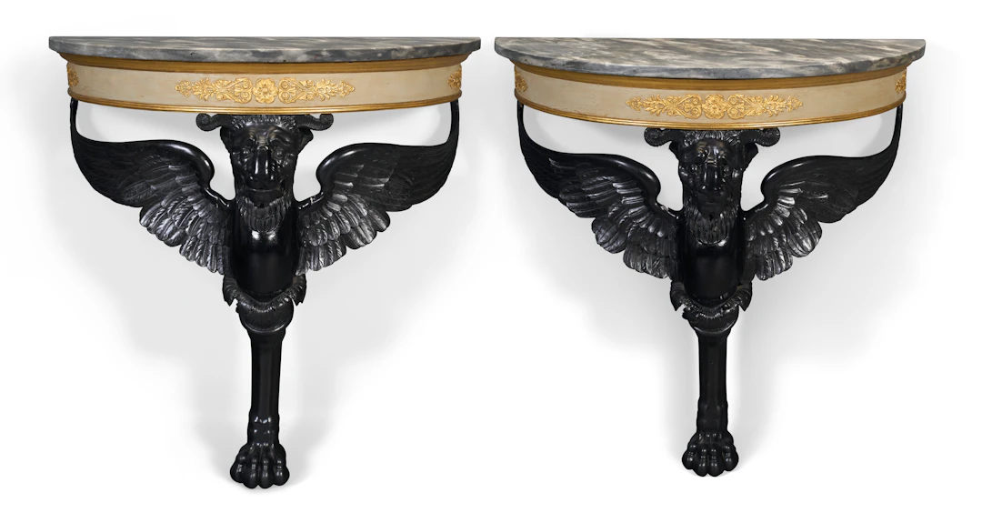A Pair of Italian Empire Grey-Painted, Parcel-Ebonized and Parcel-Gilt