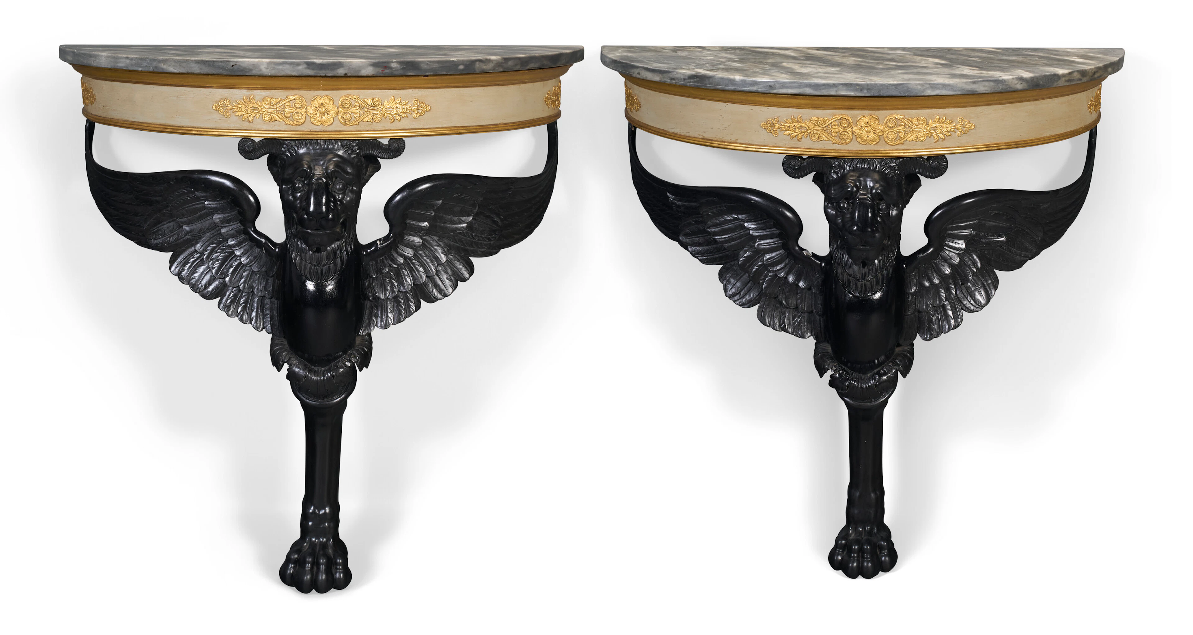 A Pair of Italian Empire Grey-Painted, Parcel-Ebonized and Parcel-Gilt