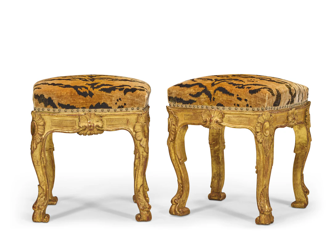 A Pair of South Italian Gilt-Walnut Tabourets