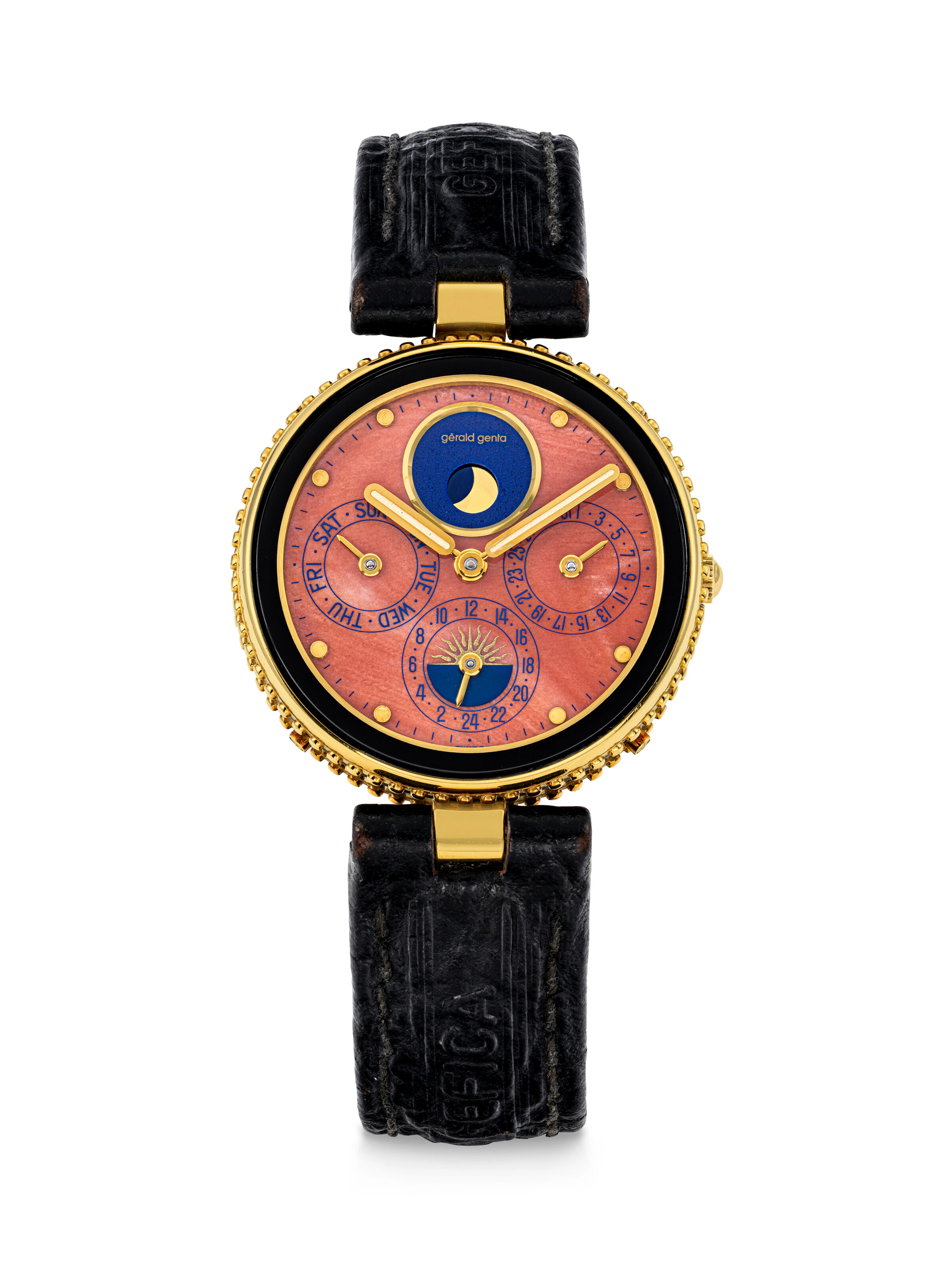 GERALD GENTA. AN 18K GOLD WRISTWATCH WITH DAY, DATE, 24 HOUR INDICATION