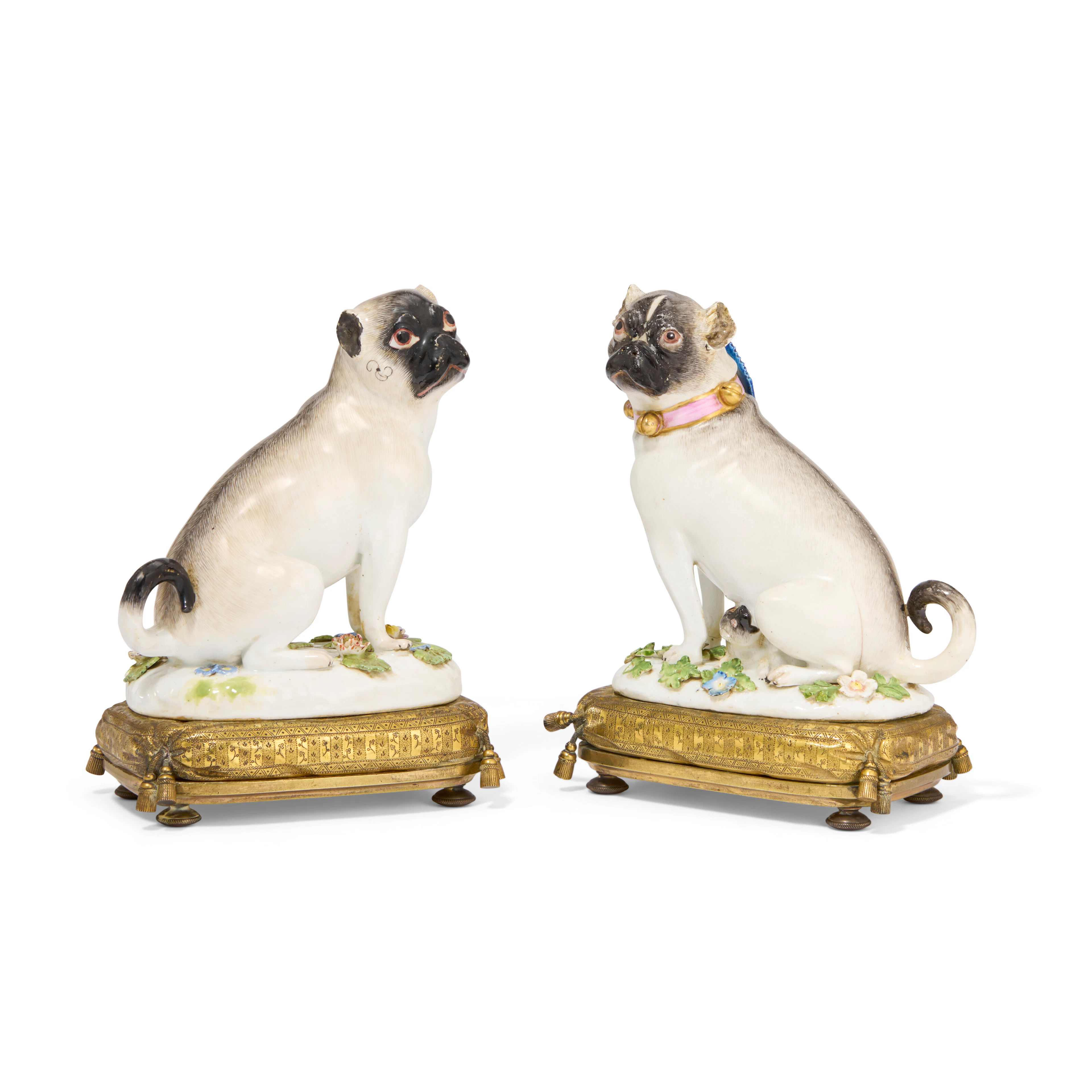 Two Gilt-Metal-Mounted Meissen Porcelain Models of Pugs