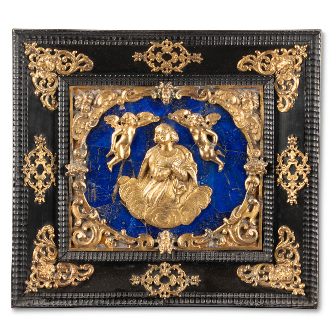 An Italian Ormolu and Lapis Plaque of the Virgin and Angels in an Ebony Frame