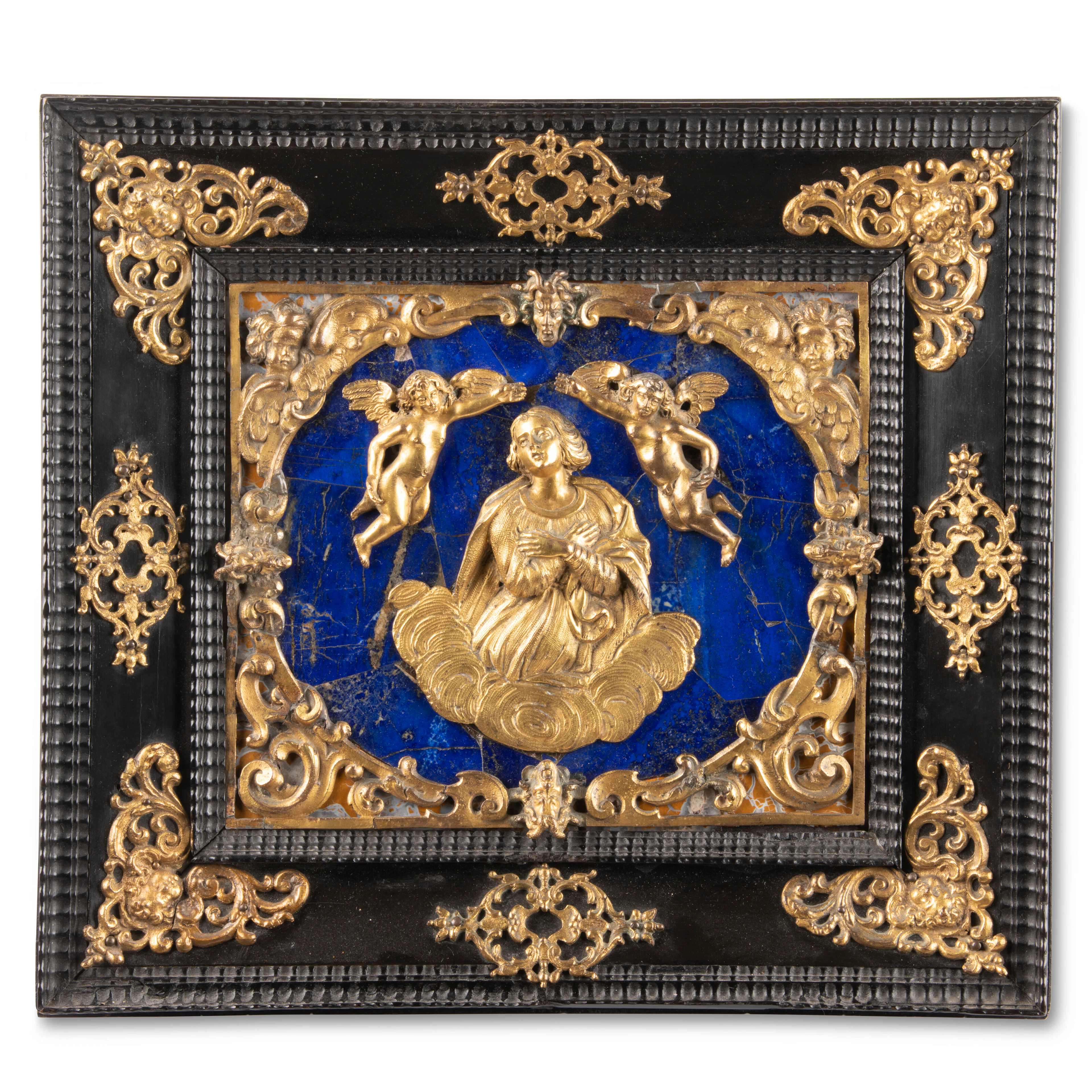An Italian Ormolu and Lapis Plaque of the Virgin and Angels in an Ebony Frame