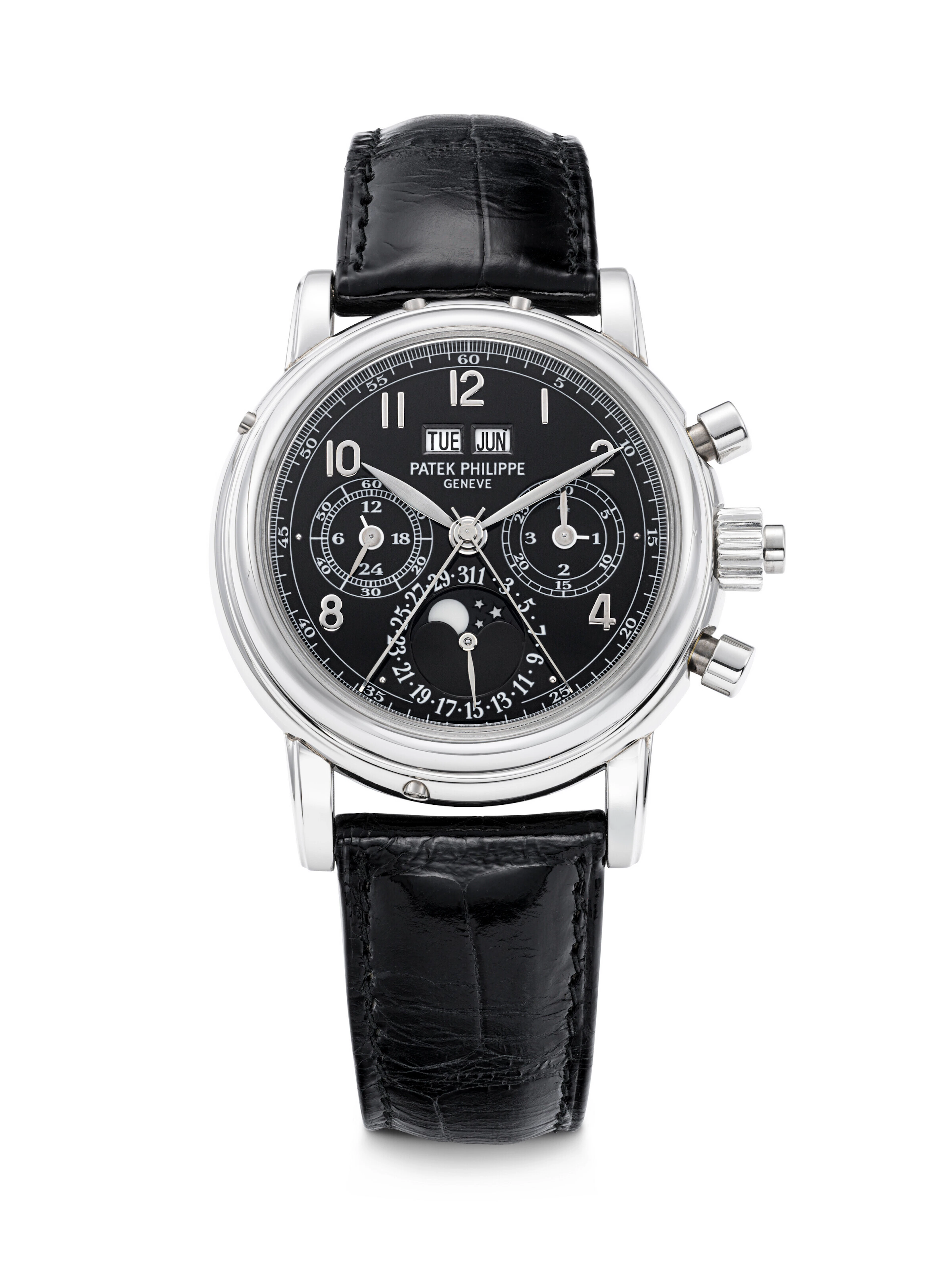PATEK PHILIPPE. A RARE PLATINUM PERPETUAL CALENDAR SPLIT SECONDS CHRONOGRAPH