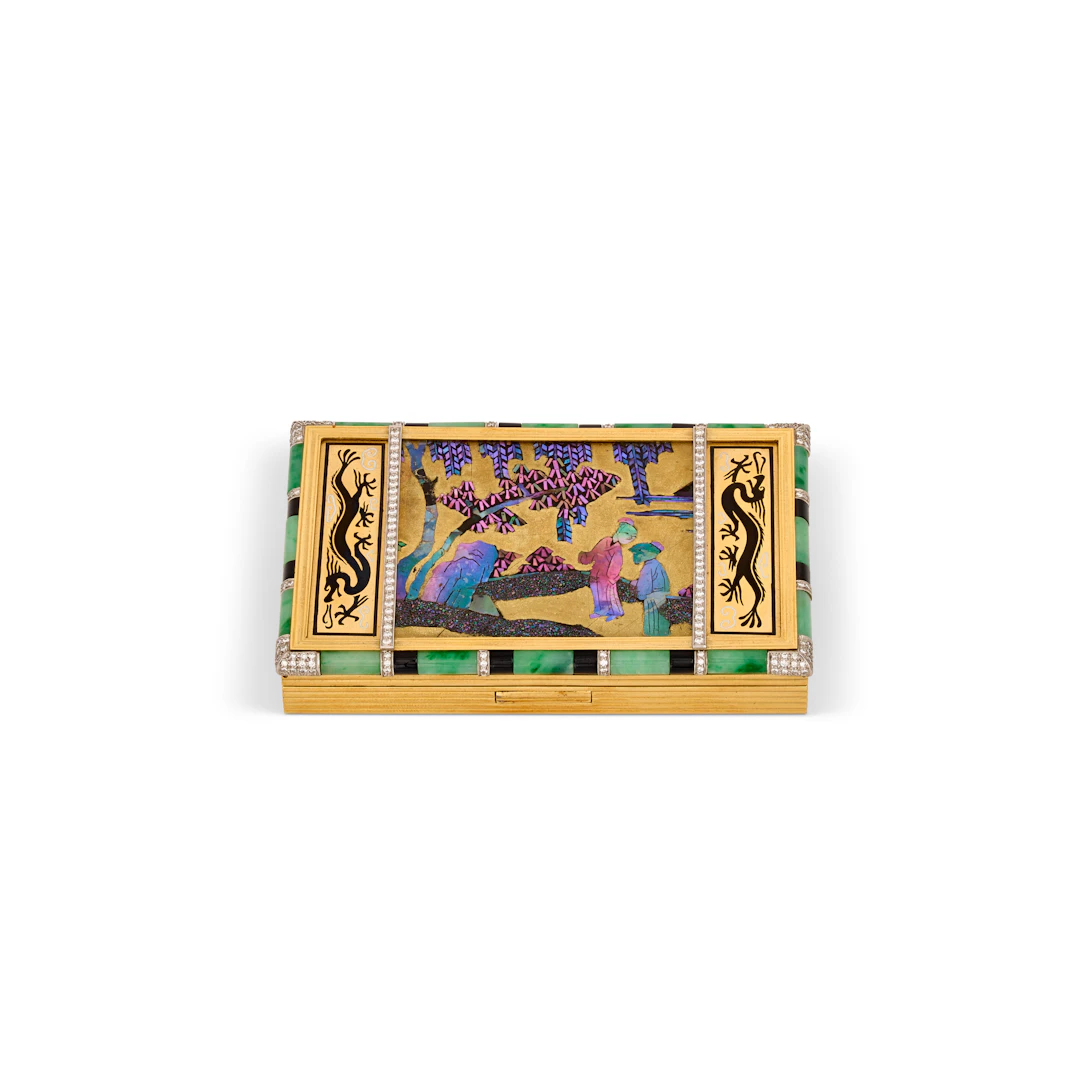 Art Deco Laque Burgauté, Multi-Gem and Enamel Vanity Case