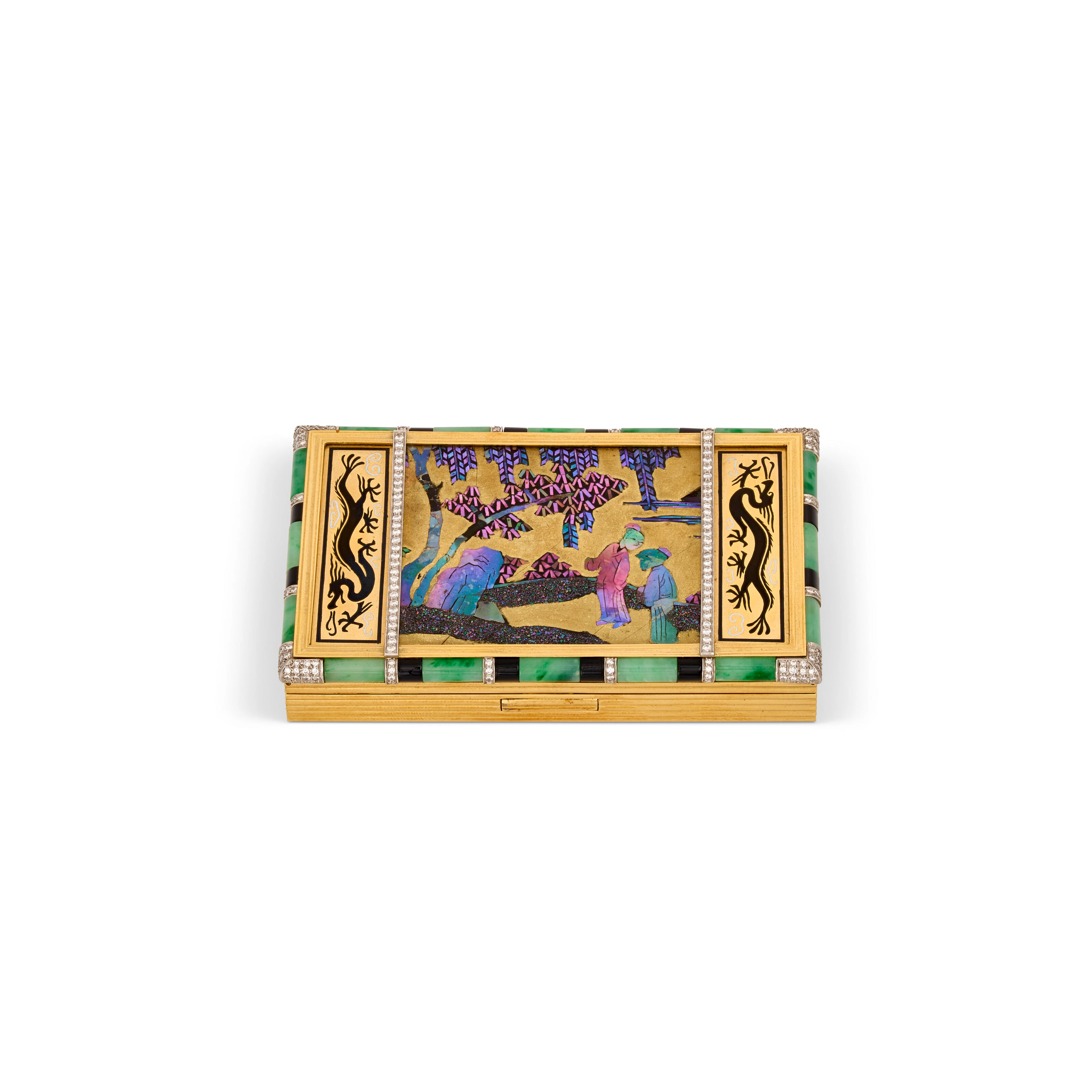 Art Deco Laque Burgauté, Multi-Gem and Enamel Vanity Case