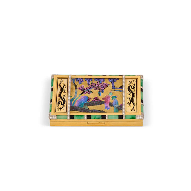 Art Deco Laque Burgauté, Multi-Gem and Enamel Vanity Case