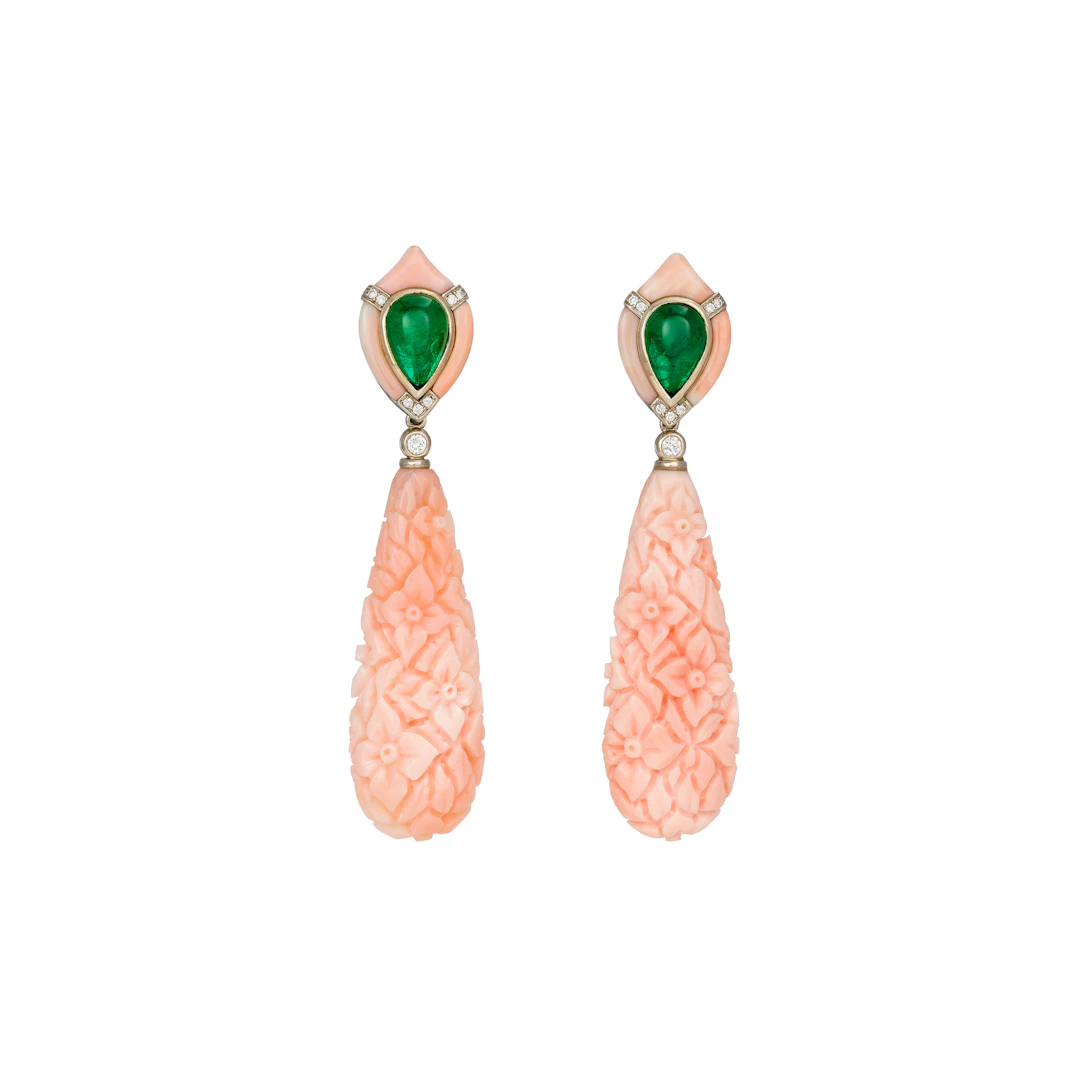 De Grisogono Pair of Coral, Emerald and Diamond Earrings
