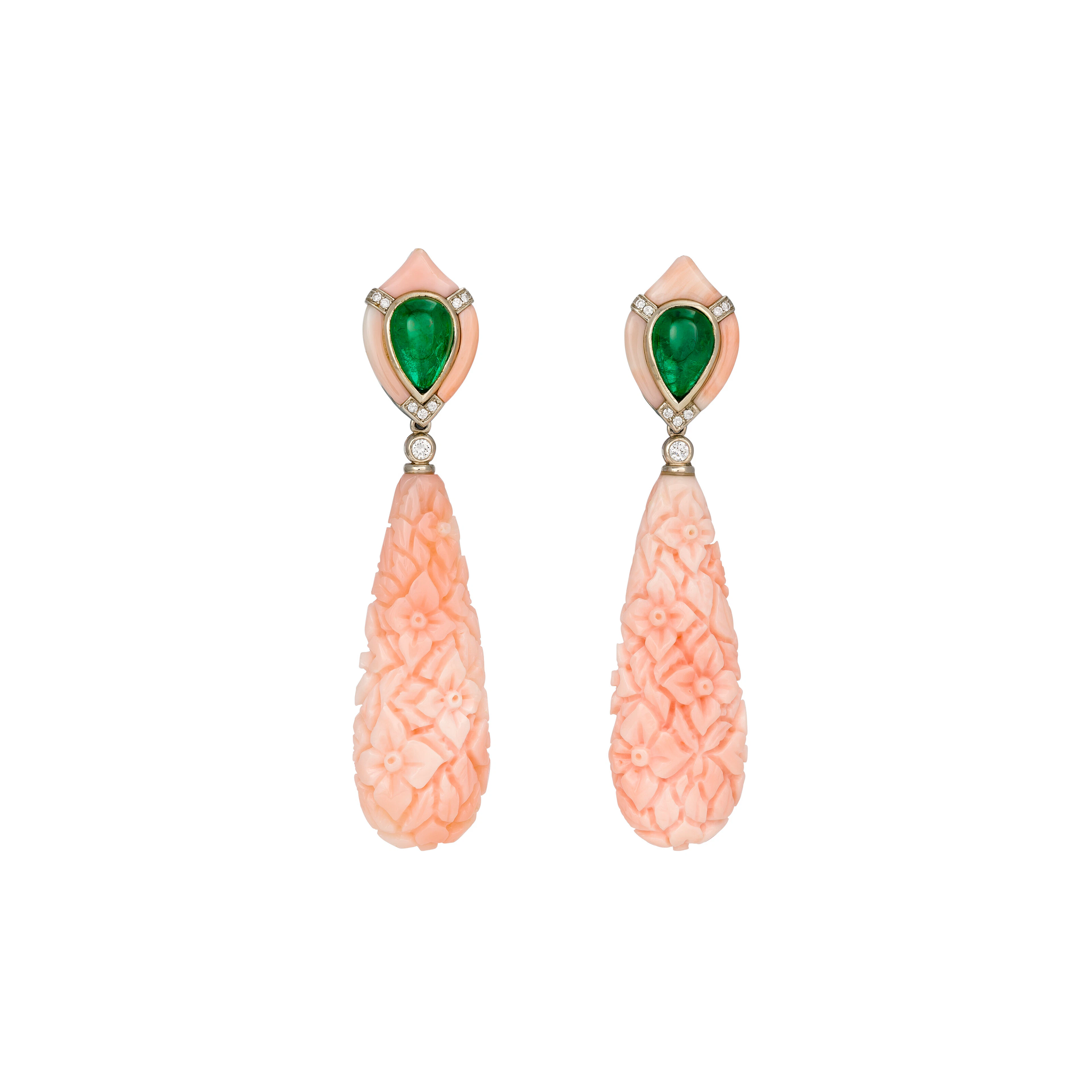 De Grisogono Pair of Coral, Emerald and Diamond Earrings