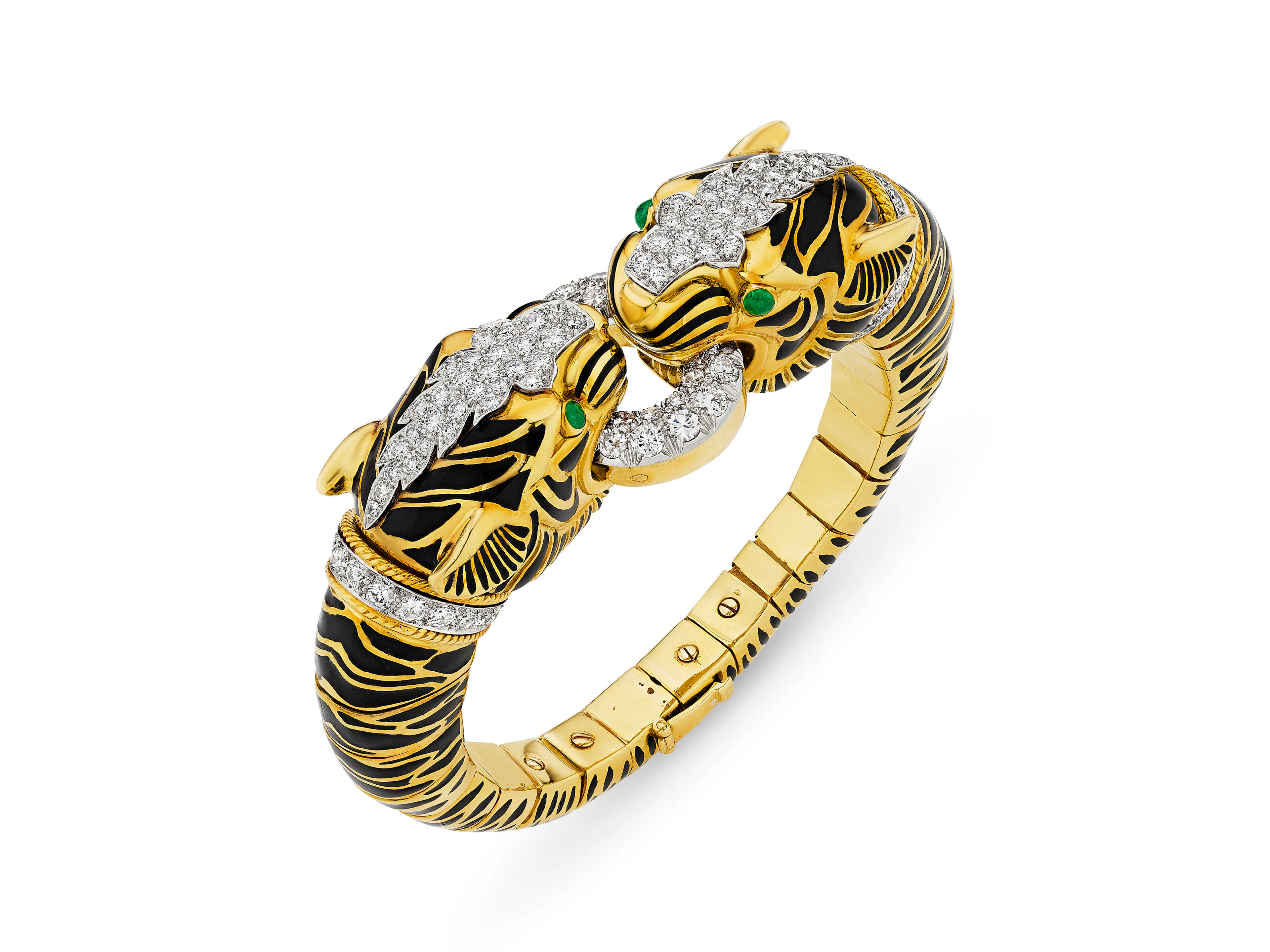 David Webb Enamel, Emerald and Diamond 'Double Tiger' Bracelet
