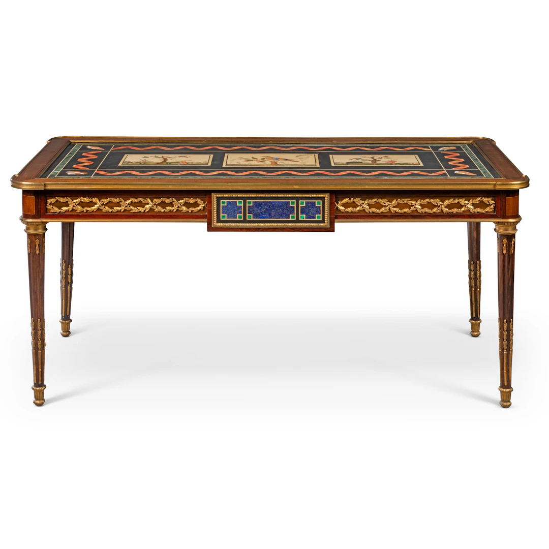 A French Ormolu-Mounted, Pietra Dura, Mahogany and Partridge Wood Bureau Plat