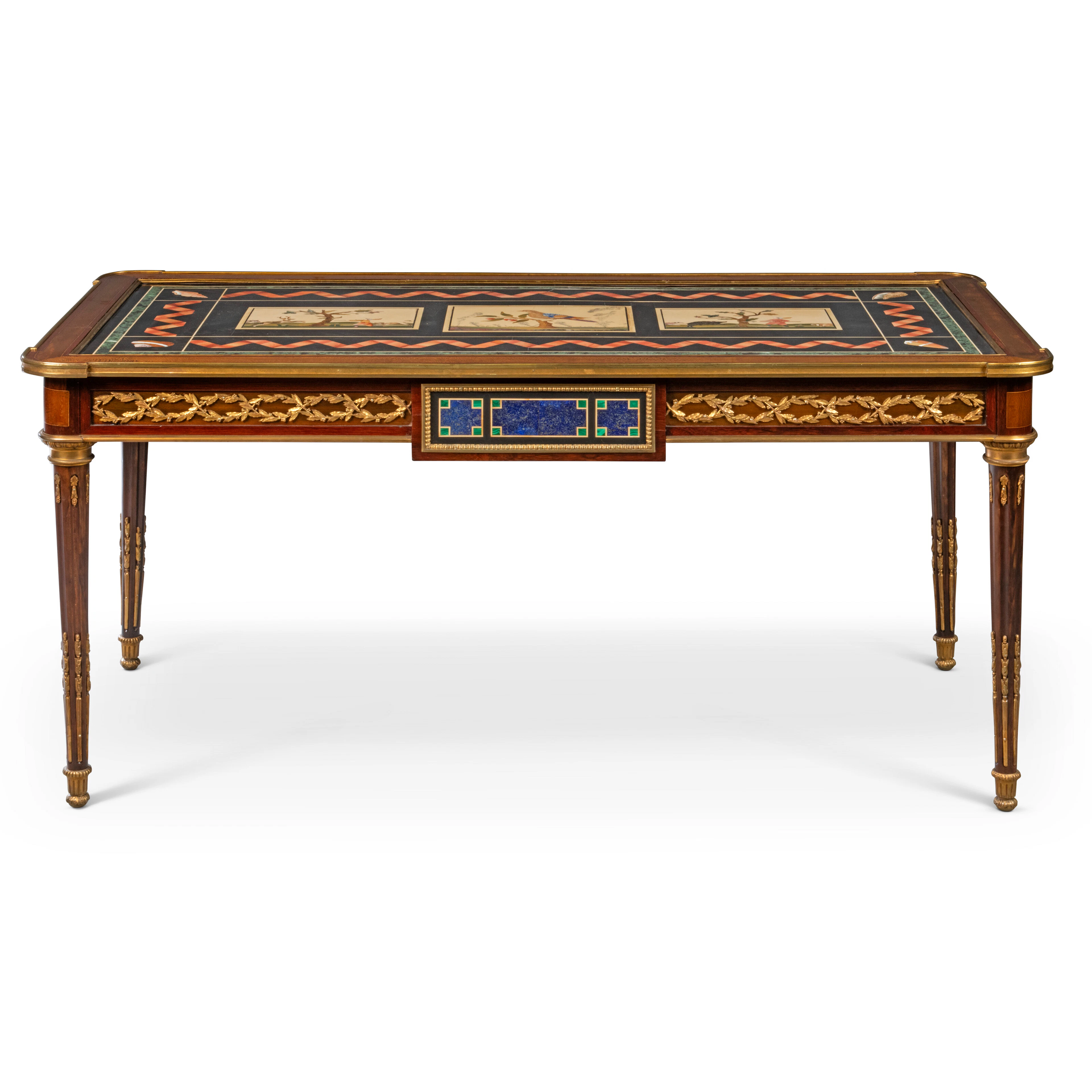 A French Ormolu-Mounted, Pietra Dura, Mahogany and Partridge Wood Bureau Plat