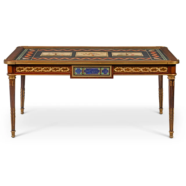 A French Ormolu-Mounted, Pietra Dura, Mahogany and Partridge Wood Bureau Plat
