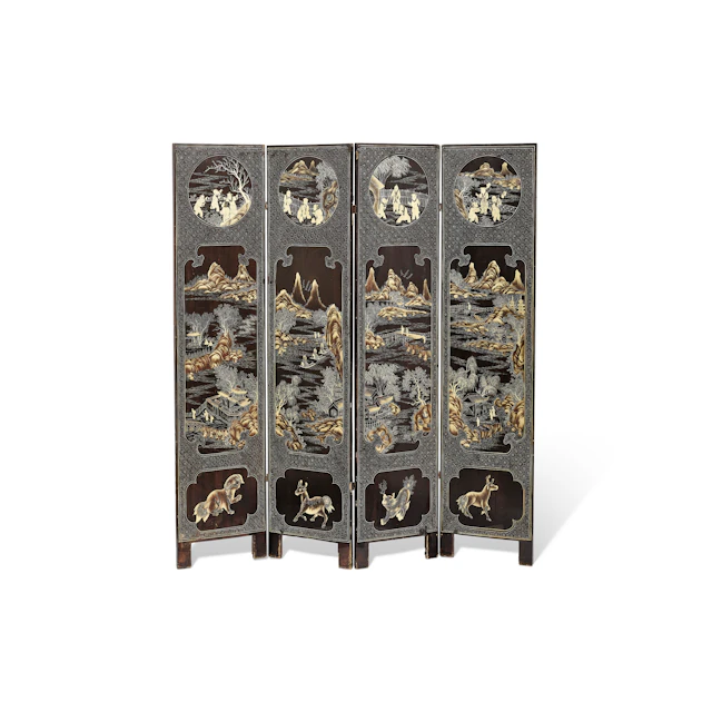 A Gilt-Decorated Black Lacquer ‘Landscape’ Four Panel Folding Screen