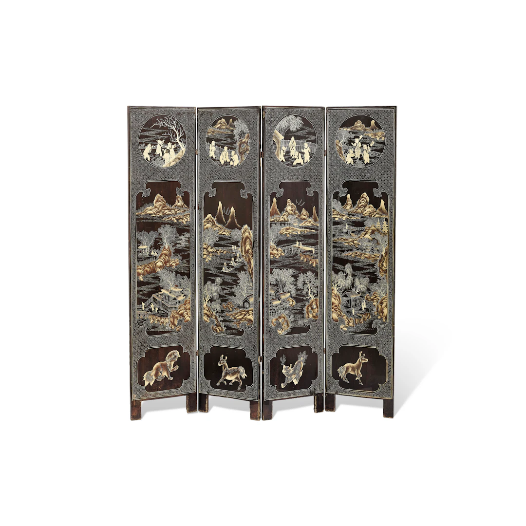 A Gilt-Decorated Black Lacquer ‘Landscape’ Four Panel Folding Screen