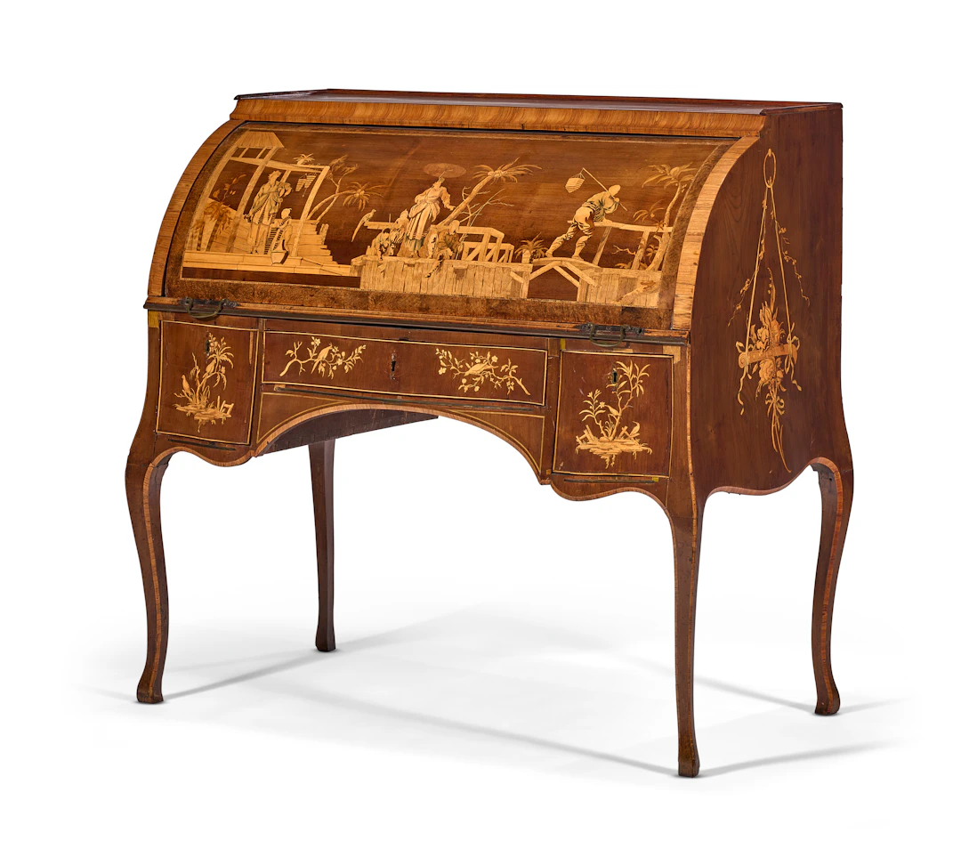 A German Brass-Mounted Sycamore, Tulipwood and Marquetry Bureau