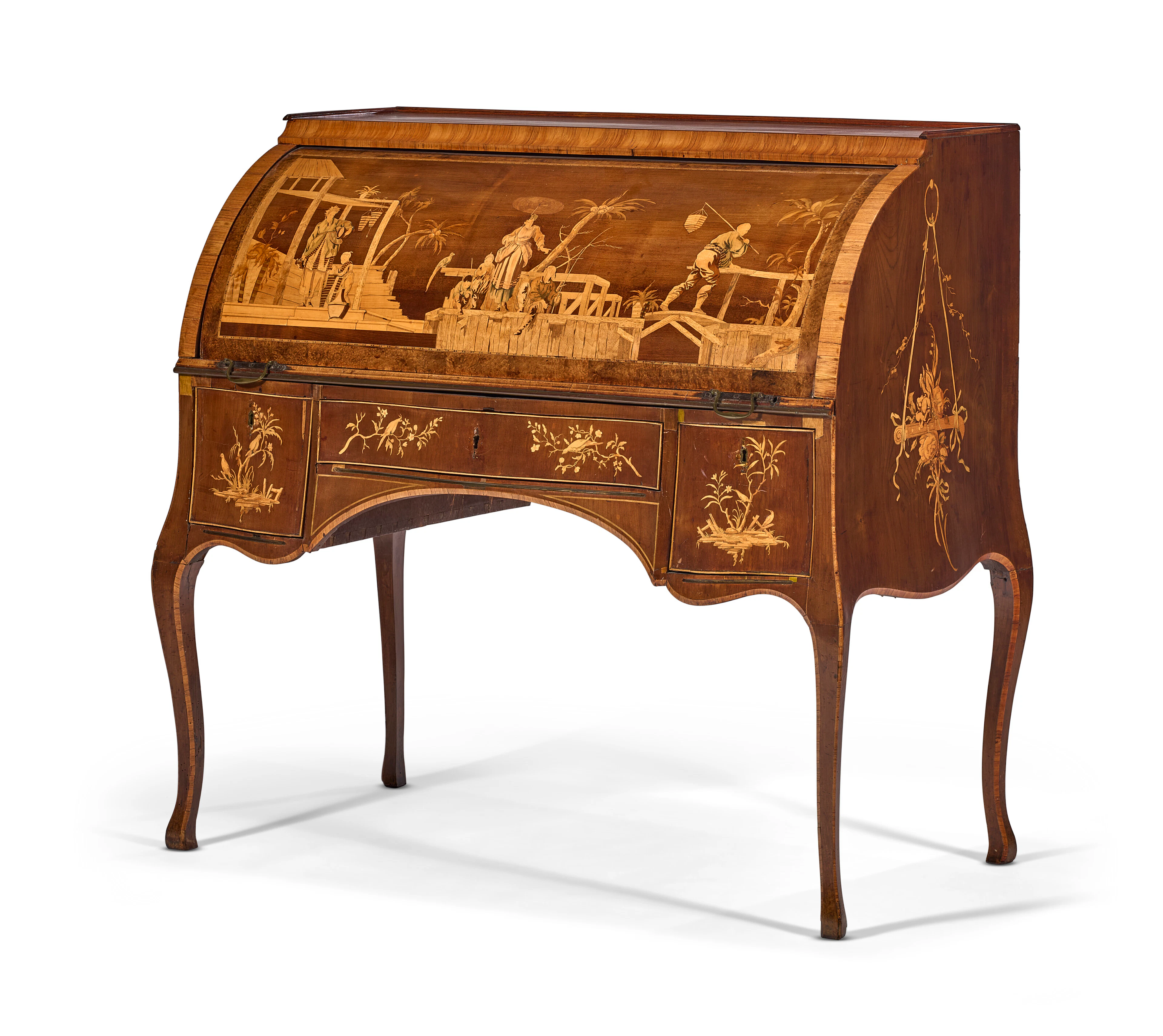 A German Brass-Mounted Sycamore, Tulipwood and Marquetry Bureau