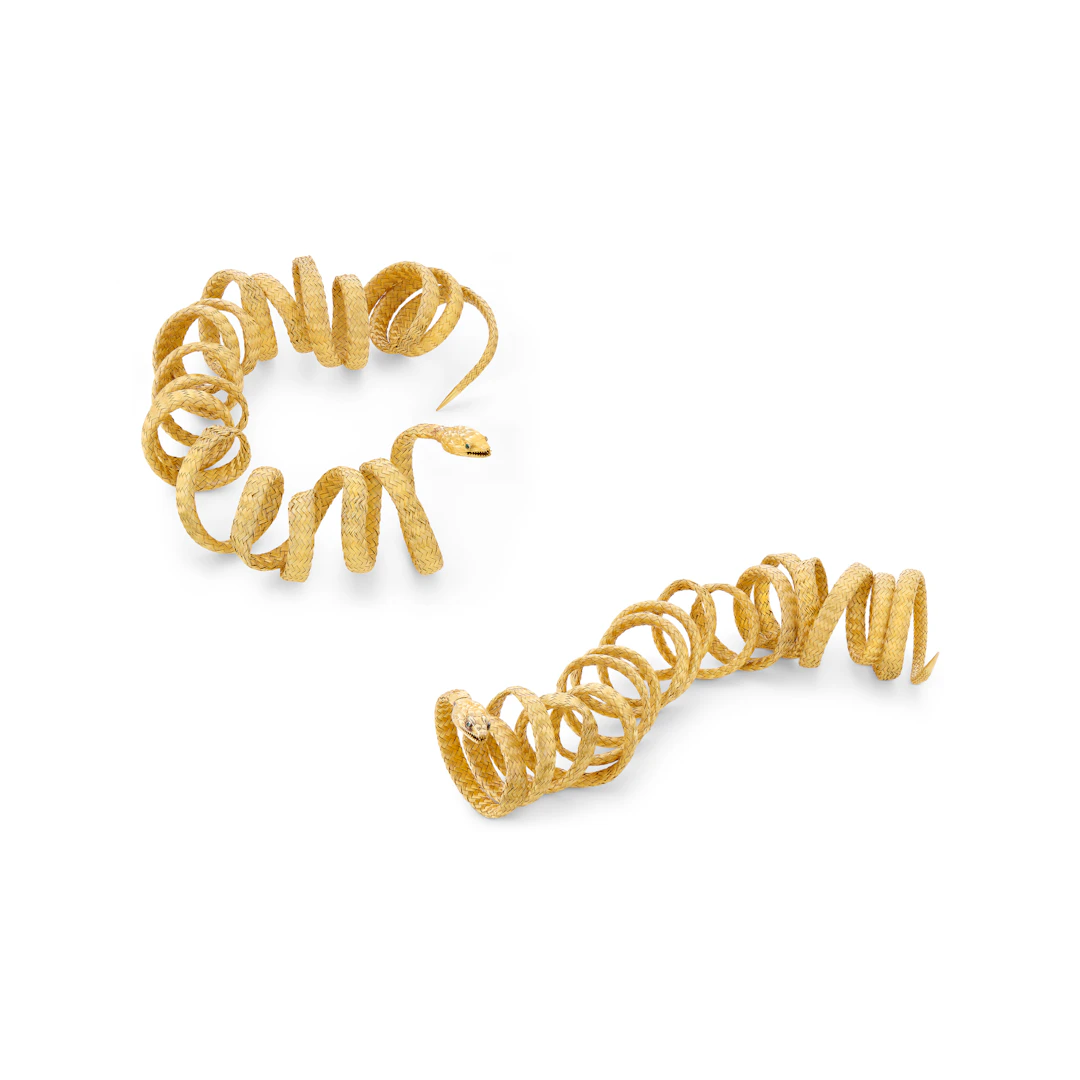 A Pair of Antique Gold and Emerald Serpent Bracelets