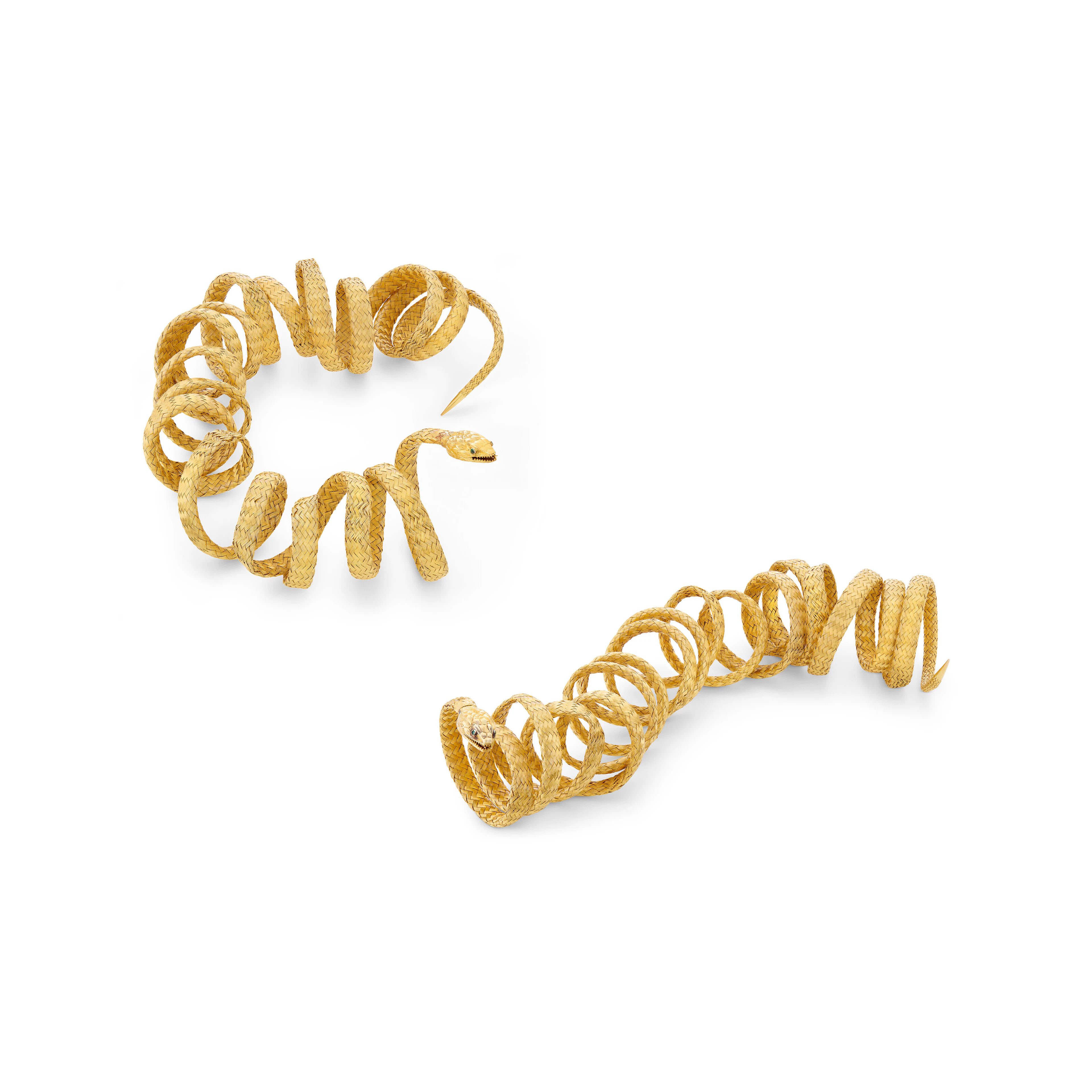 A Pair of Antique Gold and Emerald Serpent Bracelets