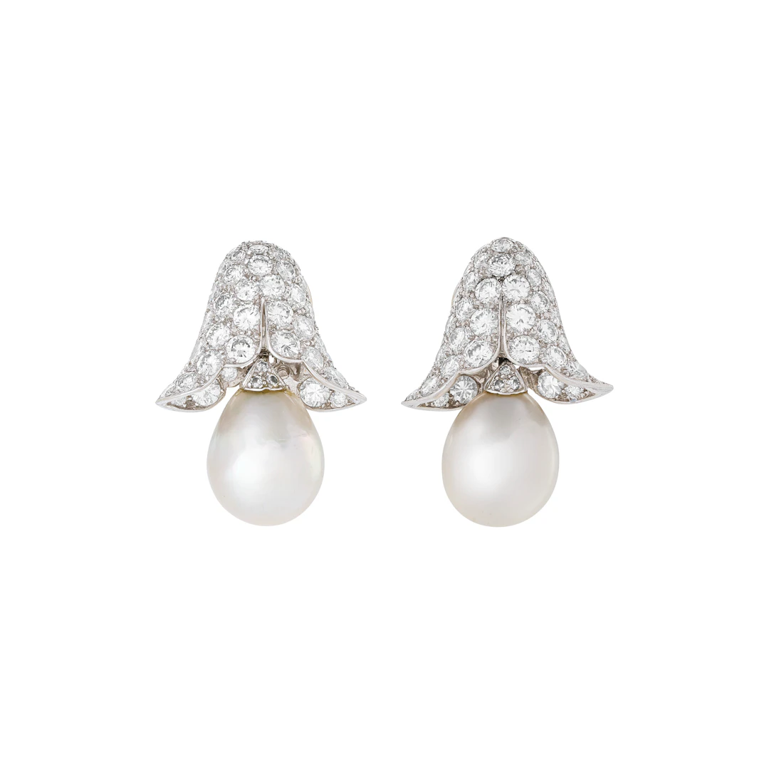 Van Cleef & Arpels Pair of Natural Pearl and Diamond 'Clochettes' Earrings