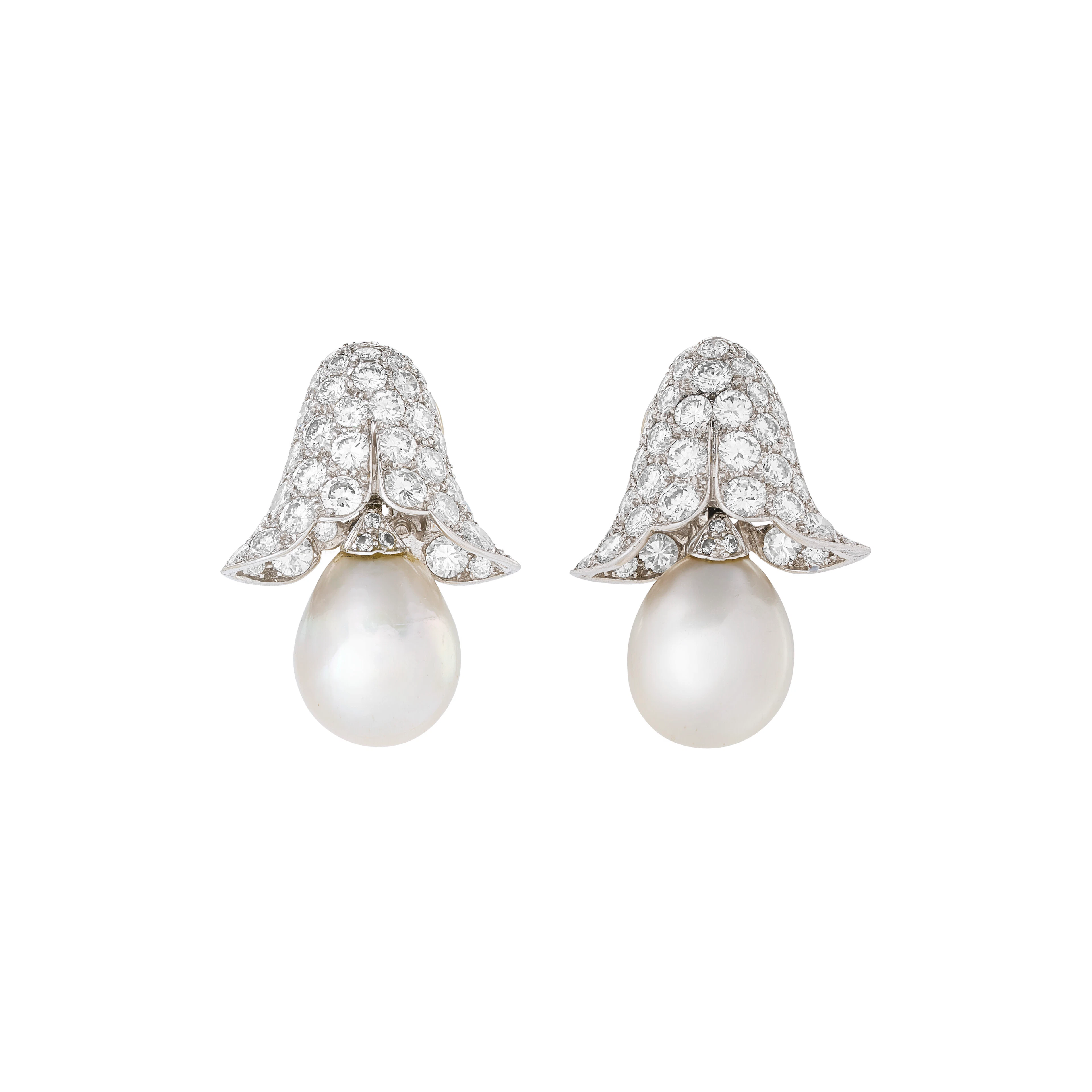 Van Cleef & Arpels Pair of Natural Pearl and Diamond 'Clochettes' Earrings