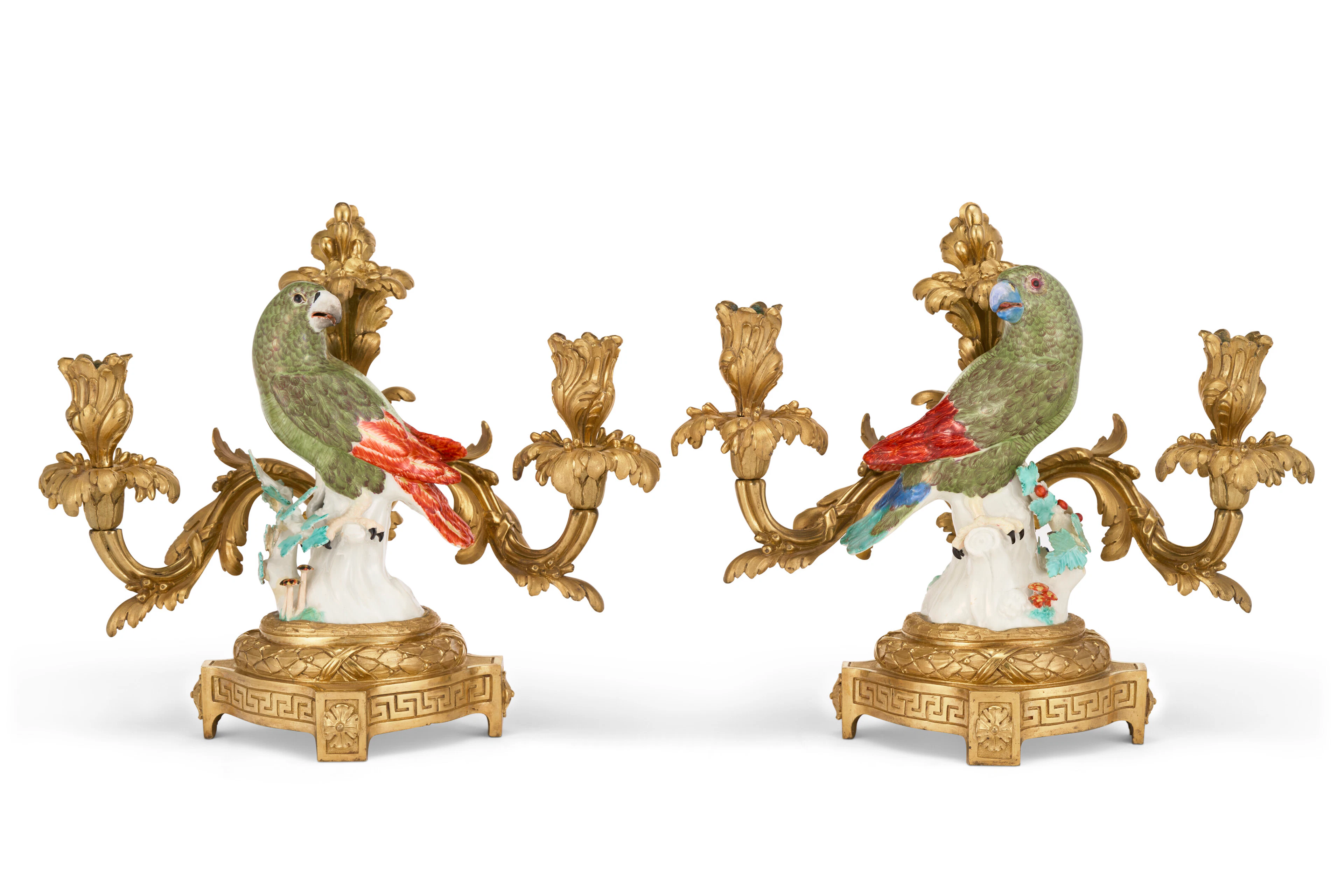 A PAIR OF LOUIS XV ORMOLU TWO-LIGHT CANDELABRA MOUNTED WITH MEISSEN