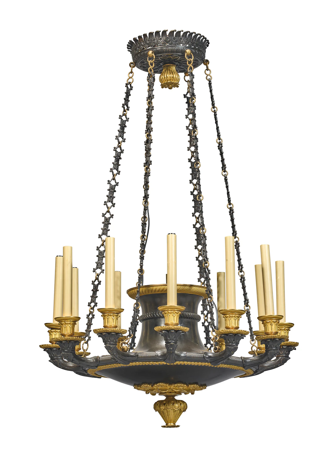 A Charles X Ormolu and Patinated Bronze Twelve-Light Chandelier