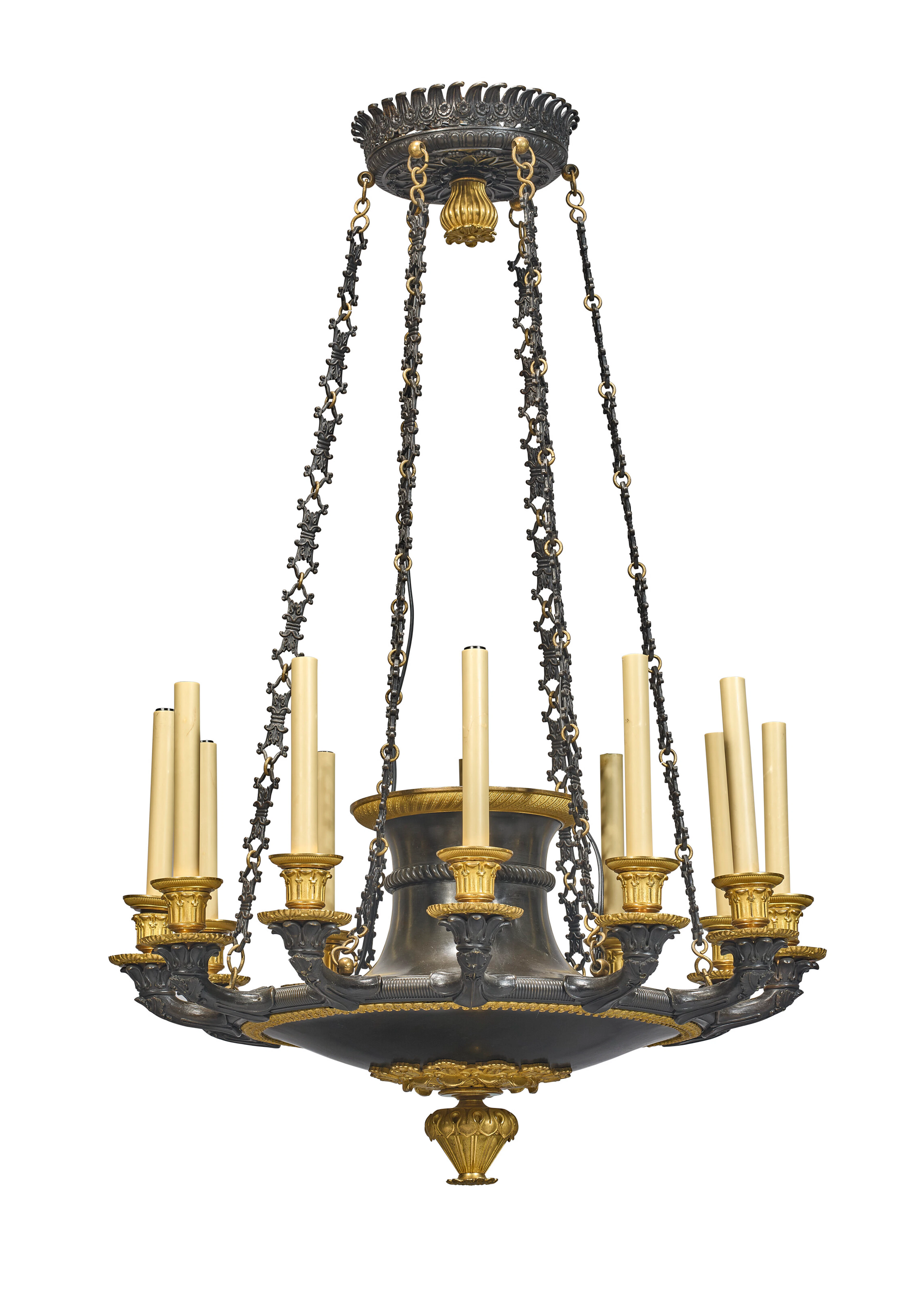 A Charles X Ormolu and Patinated Bronze Twelve-Light Chandelier