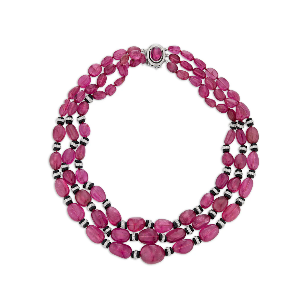 Tourmaline, Onyx and Diamond Multi-Strand Necklace