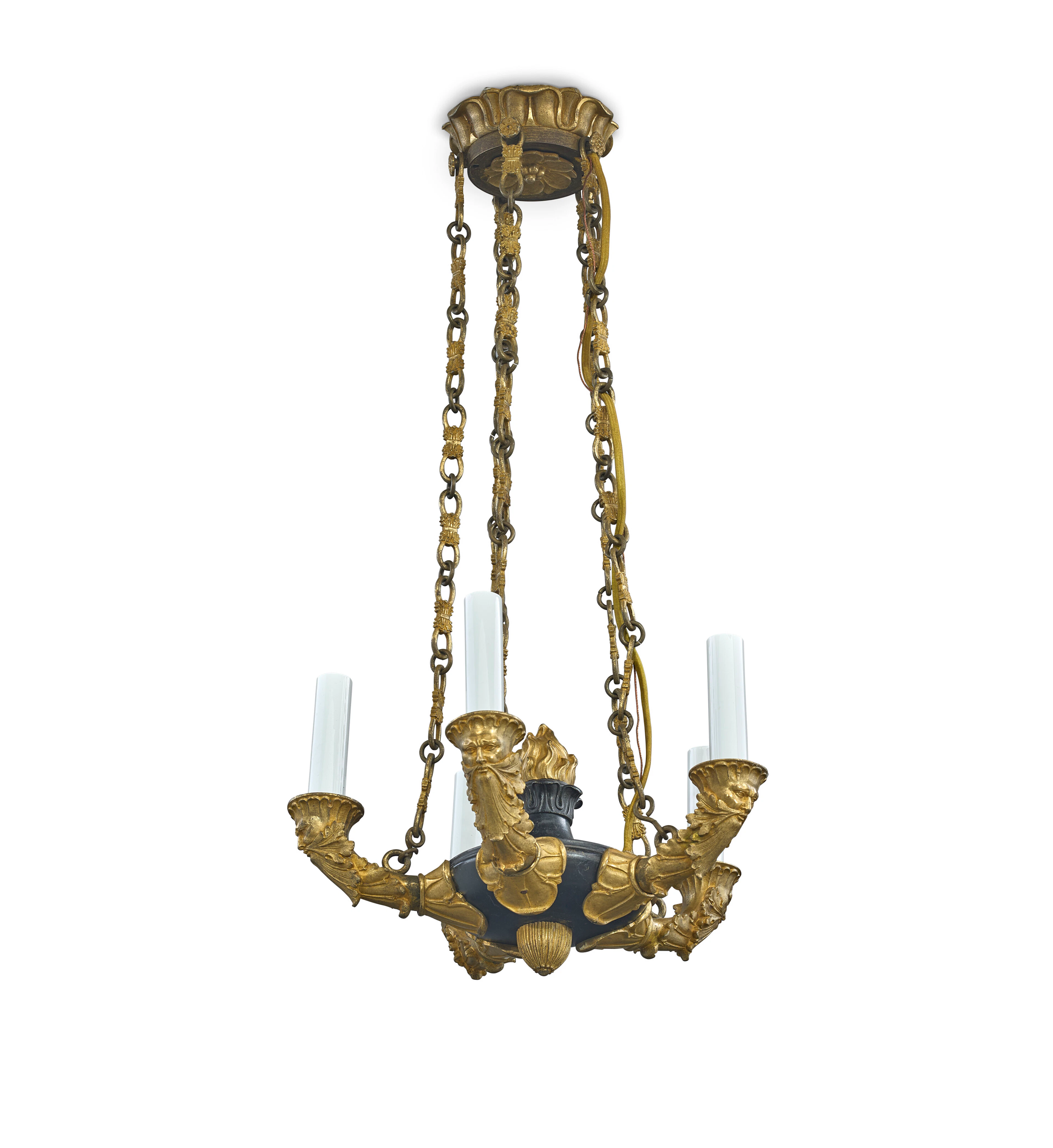 An Empire Ormolu and Patinated Bronze Five-Light Chandelier