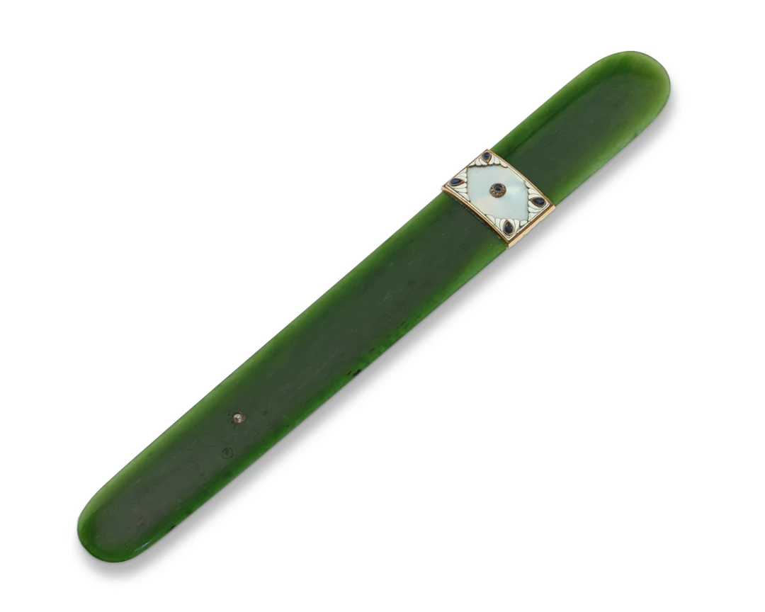 A Jeweled and Enamel Gold-Mounted Nephrite Paper Knife