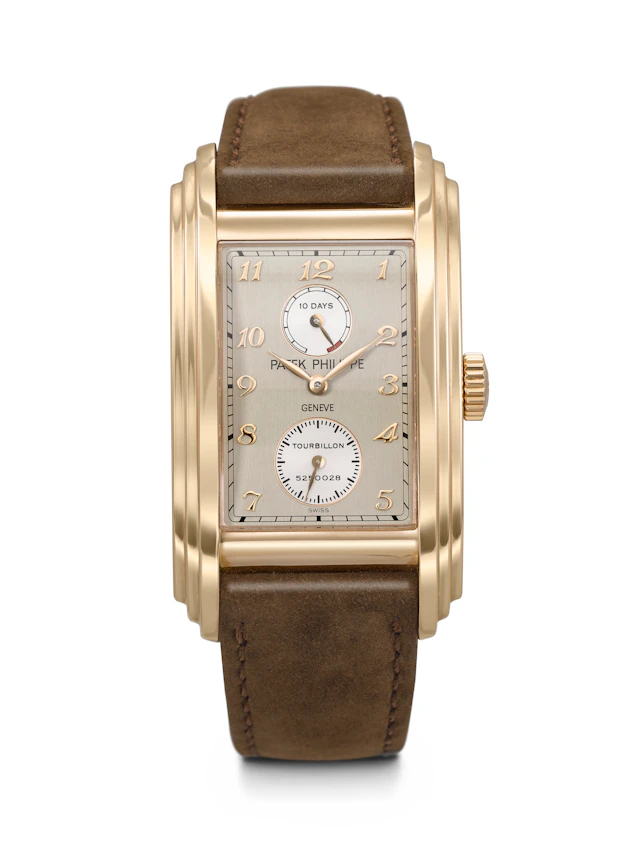 Patek Philippe. A Rare 18K Pink Gold Rectangular Tourbillon Wristwatch