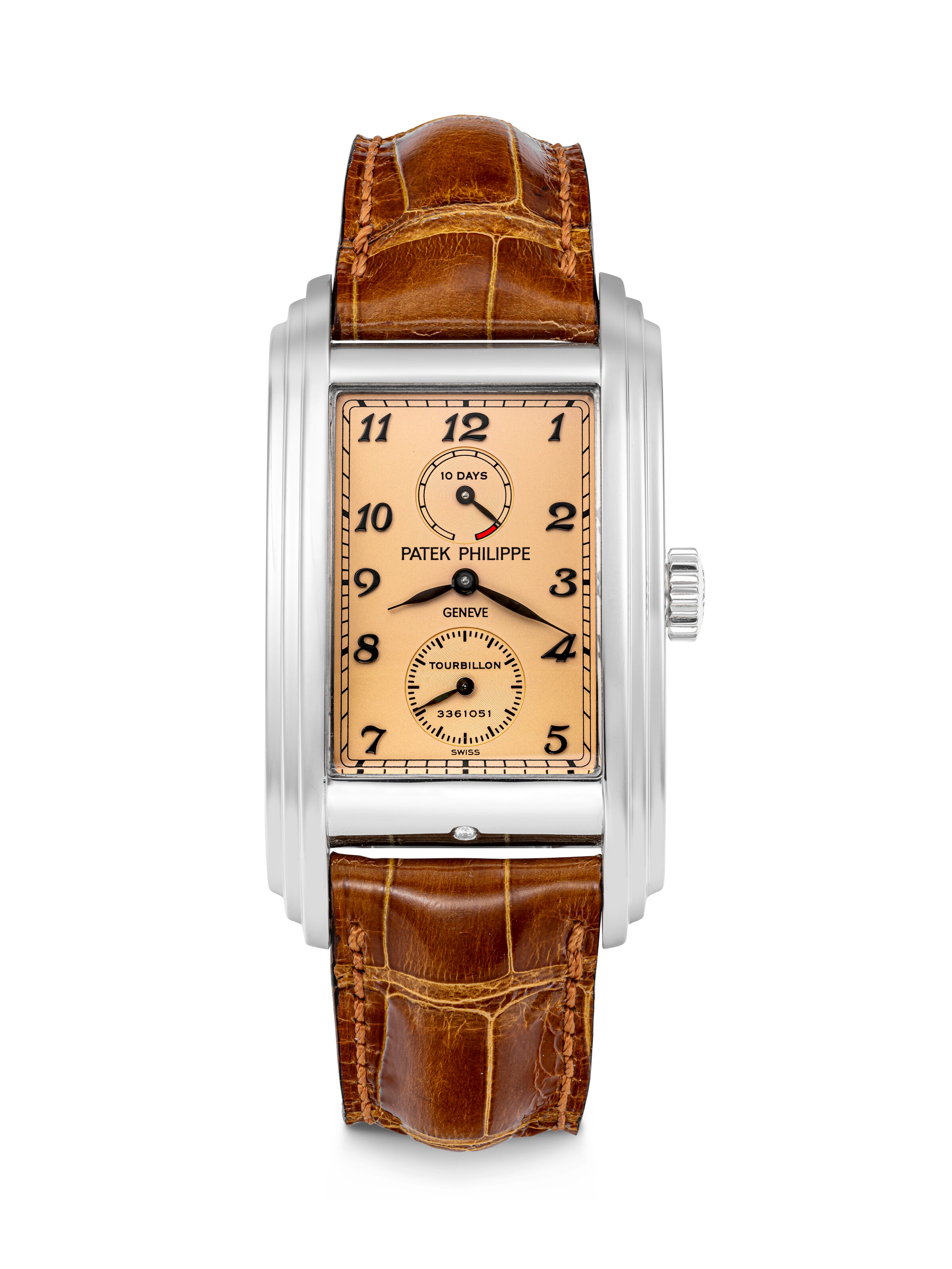PATEK PHILIPPE. A RARE PLATINUM RECTANGULAR TOURBILLON WRISTWATCH