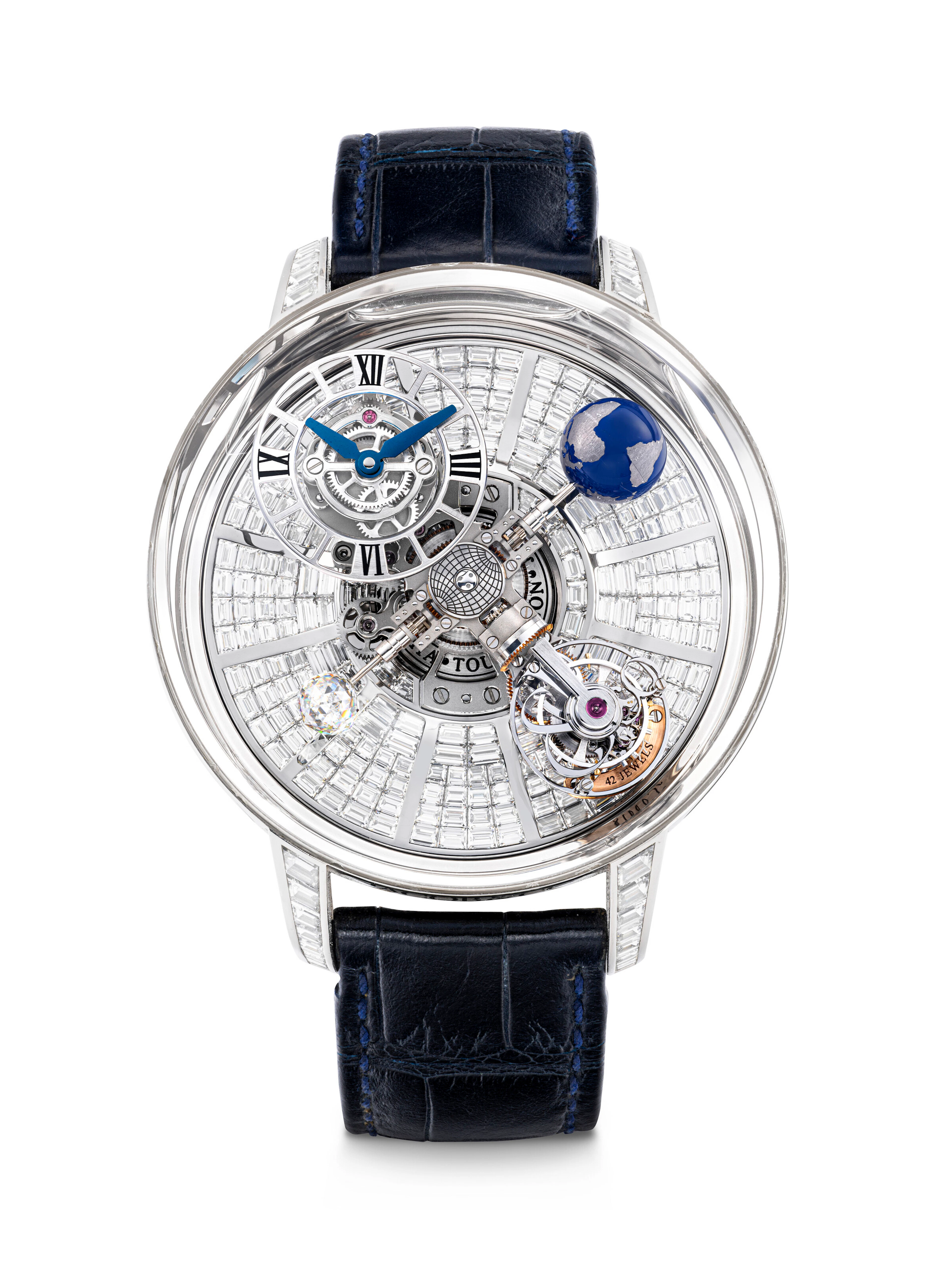 JACOB & CO. AN EXTREMELY RARE AND RADIANT 18K WHITE GOLD, SAPPHIRE
