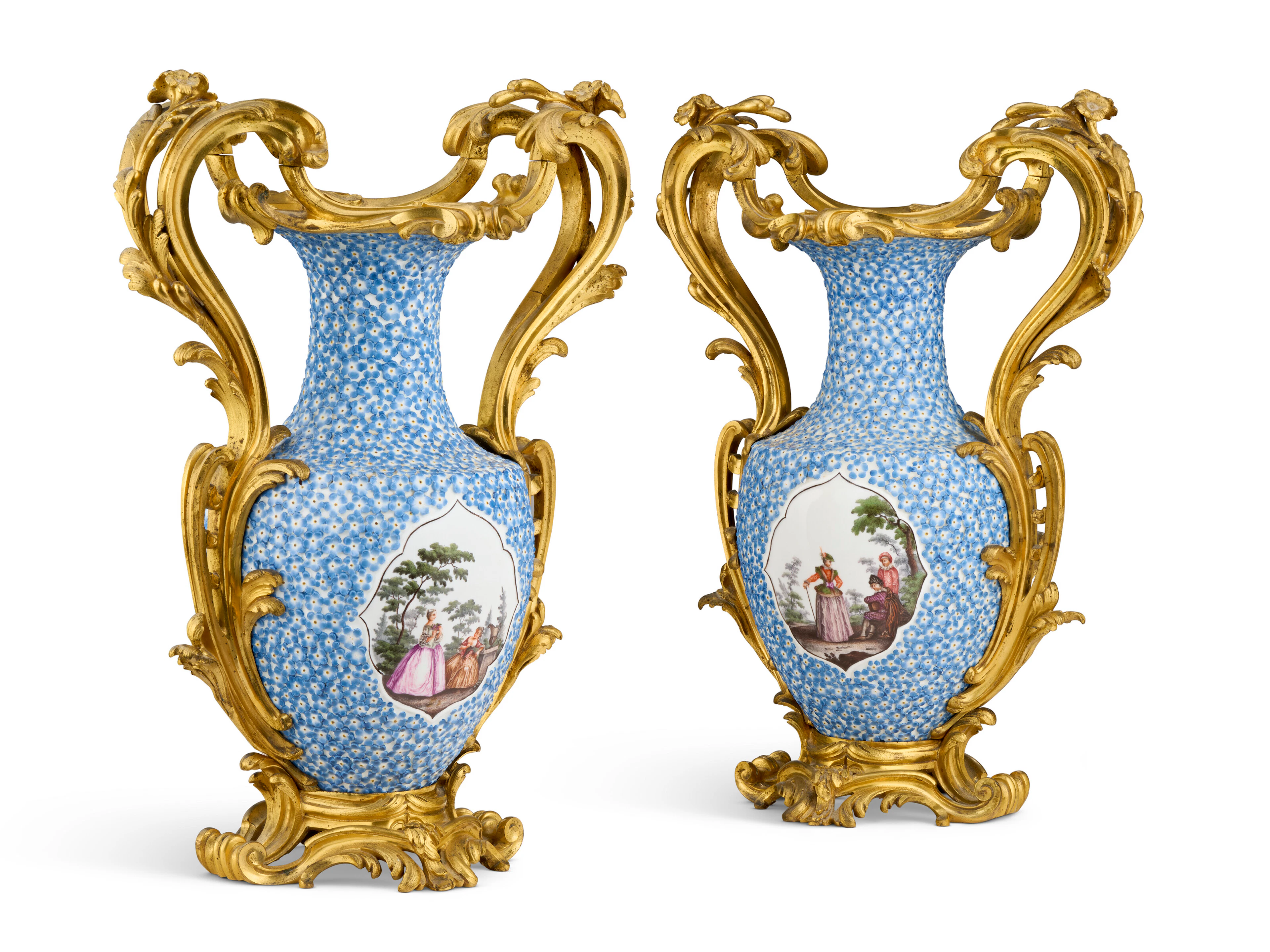 A PAIR OF LOUIS XV ORMOLU-MOUNTED MEISSEN 'MAIBLÜMEN' PORCELAIN VASES