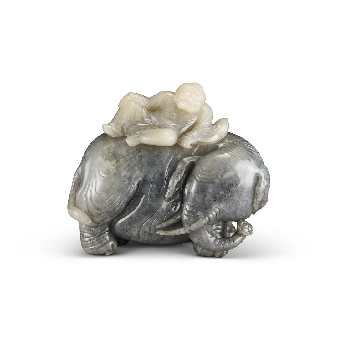 A White and Grey Jade 'Luohan and Elephant' Group