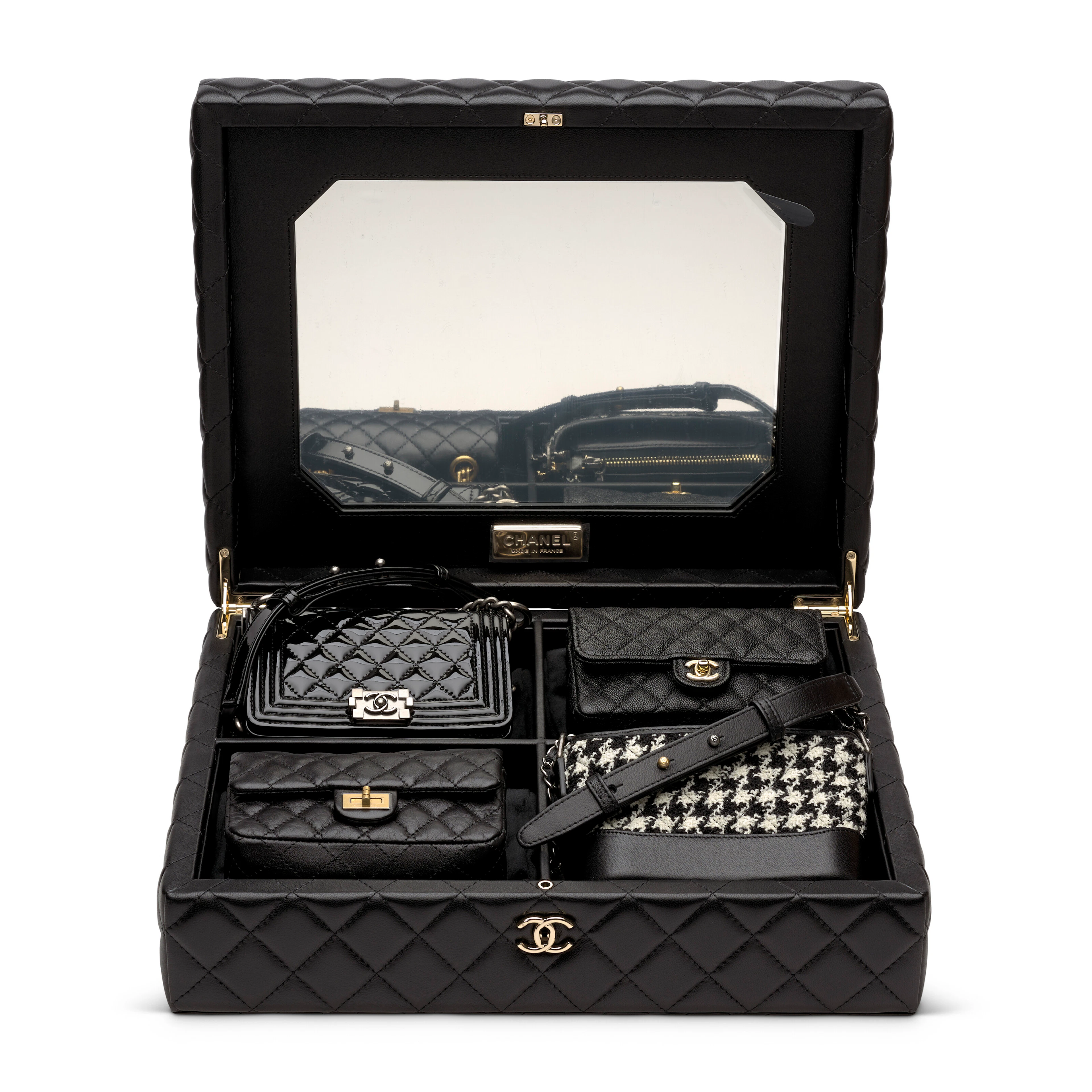 A LIMITED EDITION SET OF FOUR MINI BAGS WITH BLACK QUILTED LAMBSKIN LEATHER BOX