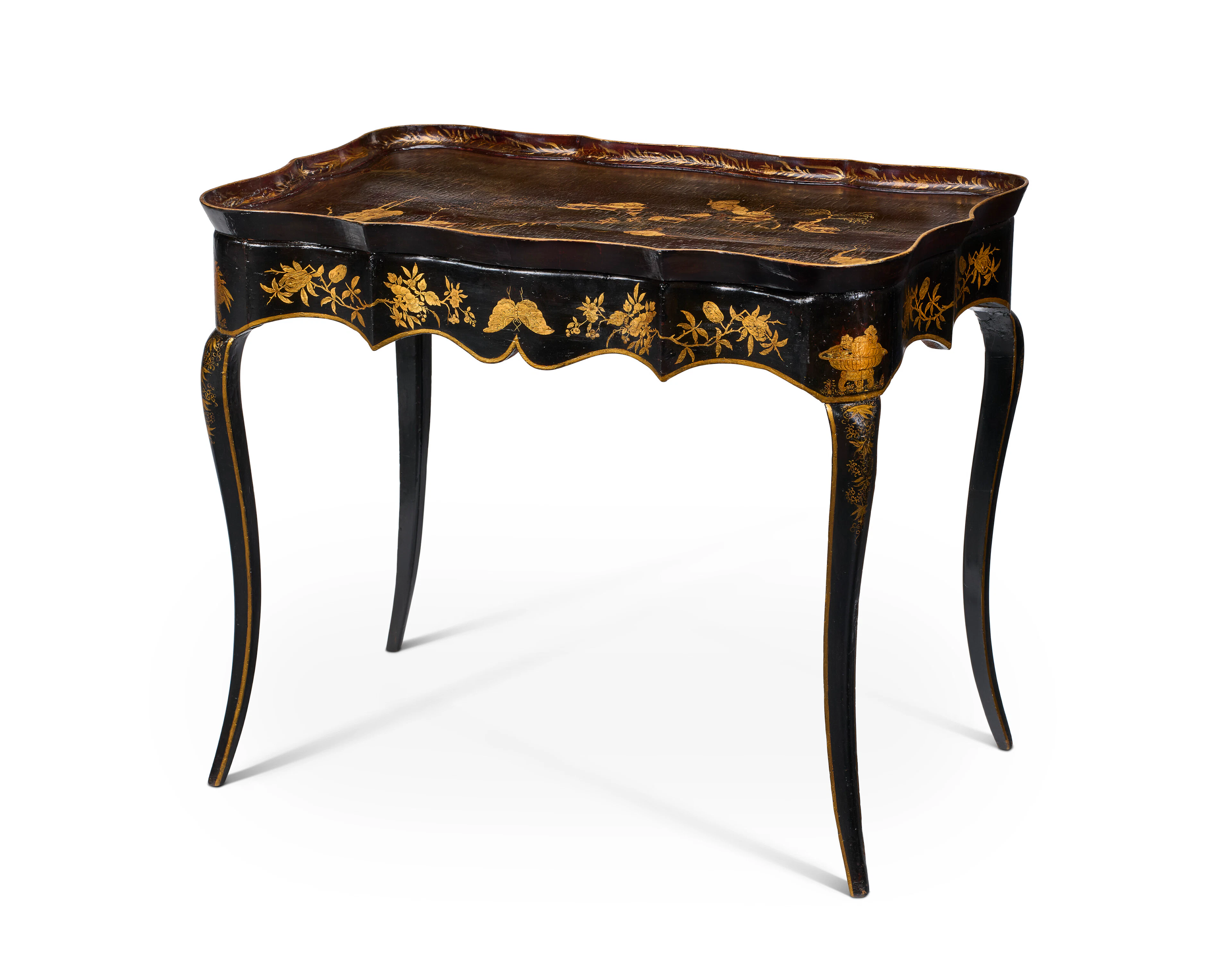 A North Italian Gilt and Black-Japanned and Chinese Lacquer Table En Cabaret