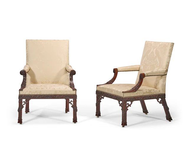 A PAIR OF EARLY GEORGE III MAHOGANY OPEN ARMCHAIRS