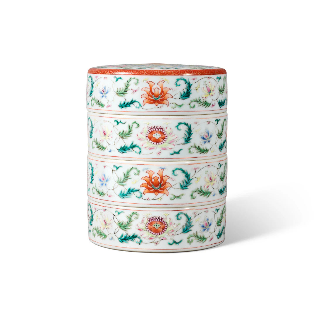 A Very Rare Famille Rose 'Lotus' Three-Tiered Box and Cover