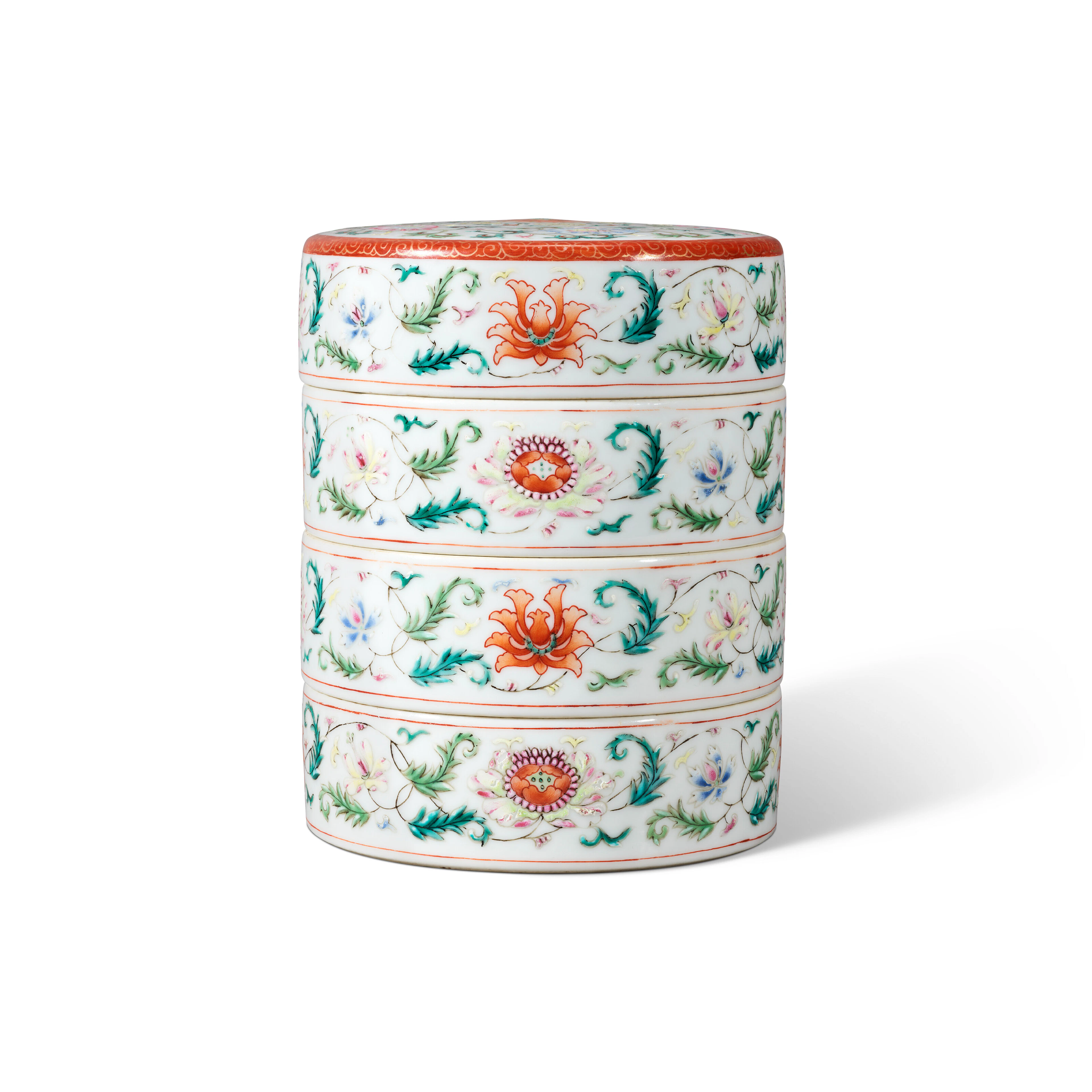 A Very Rare Famille Rose 'Lotus' Three-Tiered Box and Cover
