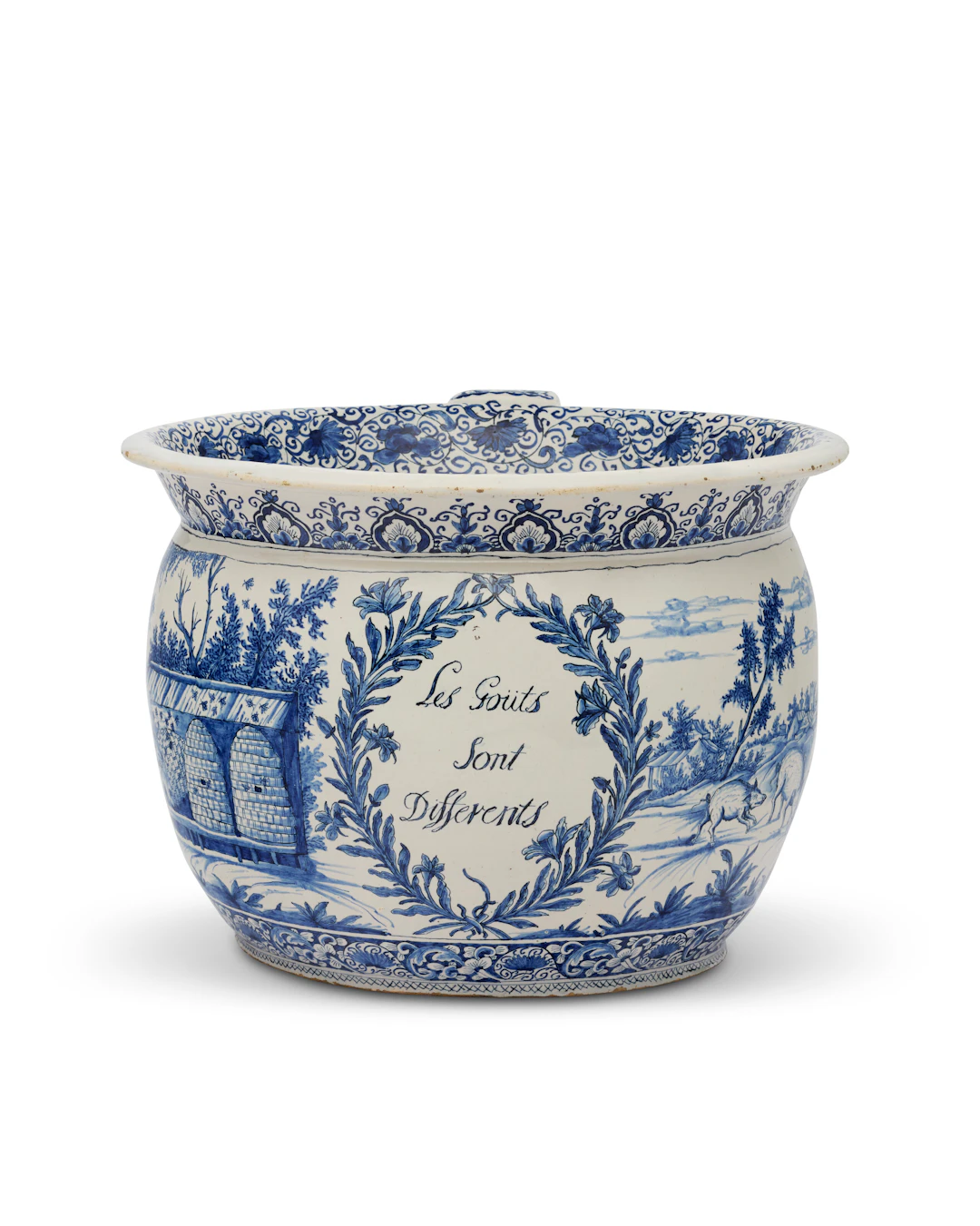 A Large Continental Blue and White 'French Market' Chamber Pot or 'Po'