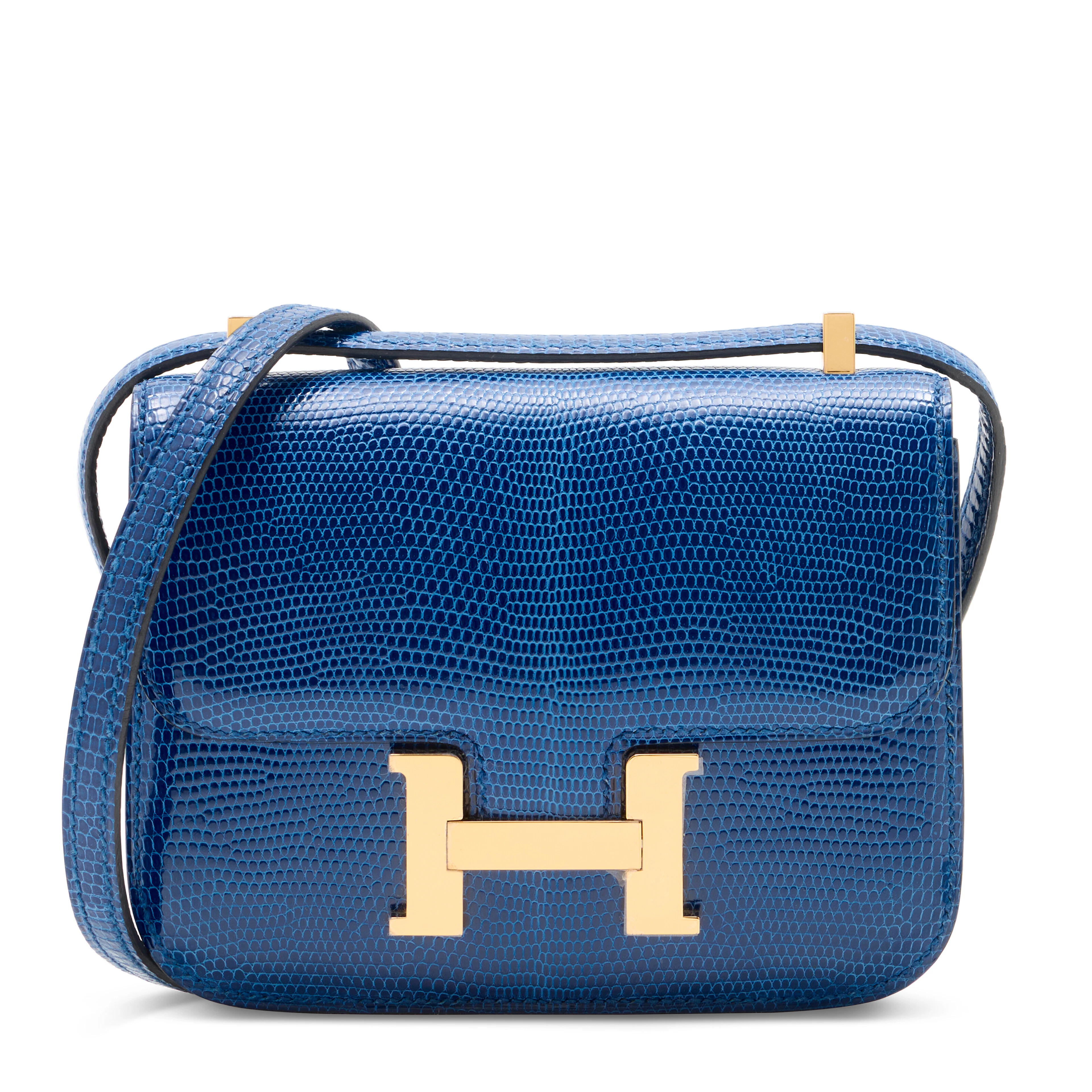 A SHINY BLEU SAPHIR NILOTICUS LIZARD MICRO MINI CONSTANCE WITH GOLD HARDWRAE