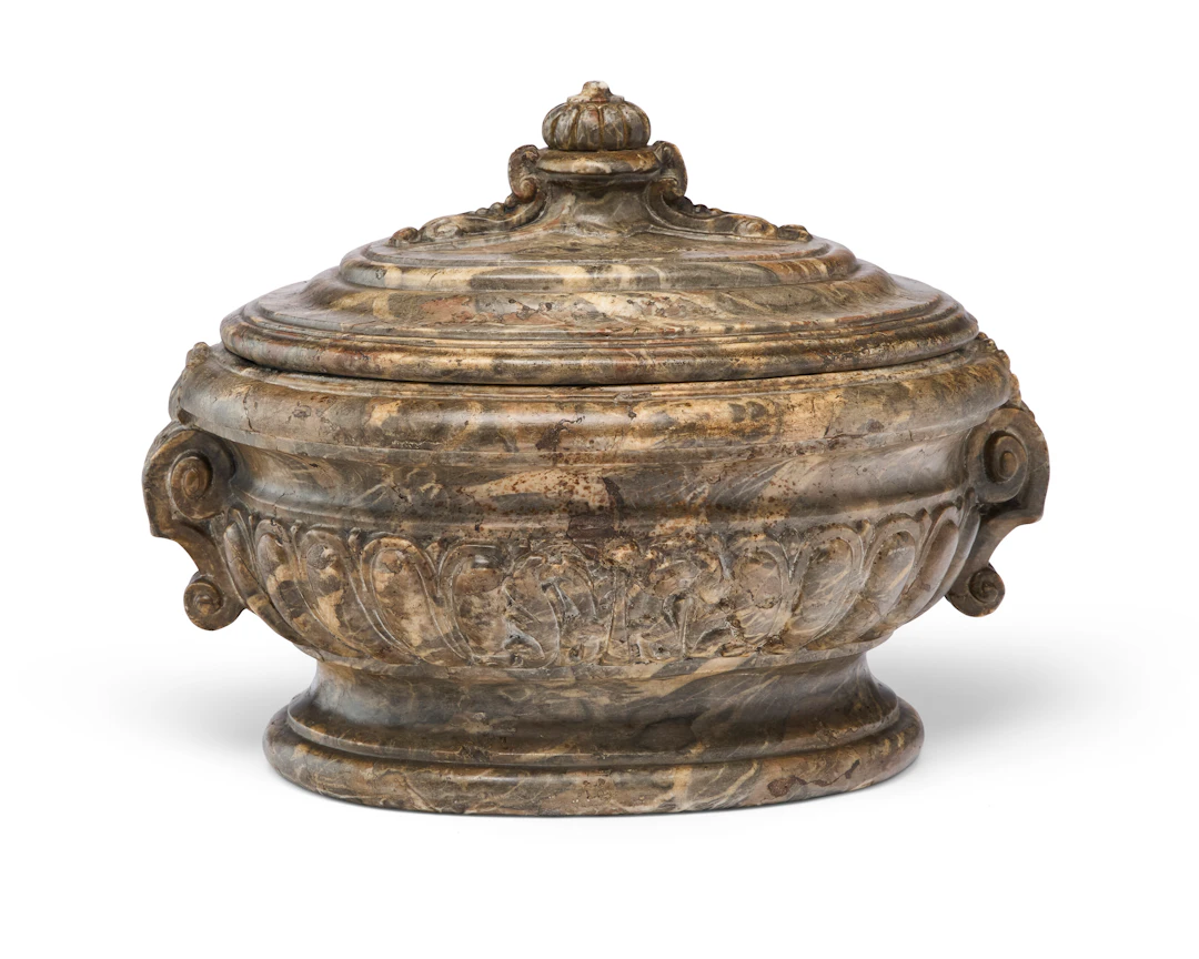 A Regence White-Veined Grey and Red Marble Urn and Cover