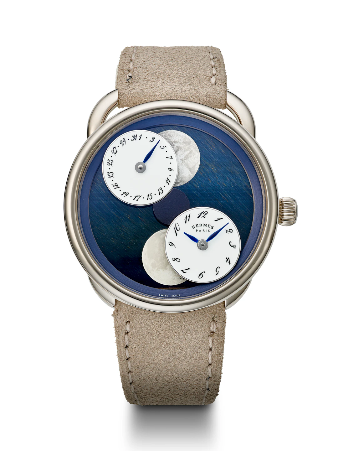 Hermès, Unique White Gold 'Arceau L'heure De La Lune' with Hawk's