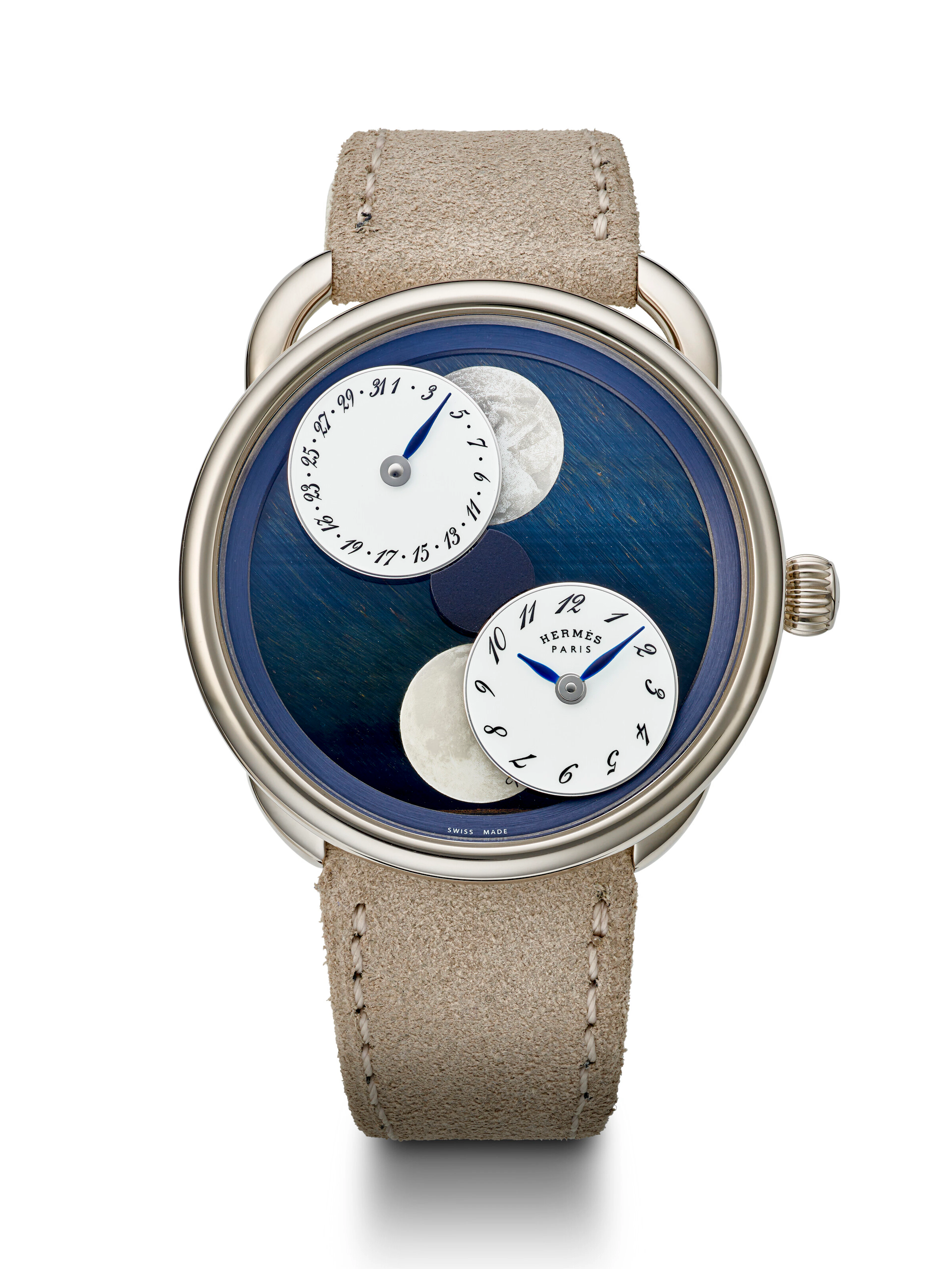 Hermès, Unique White Gold 'Arceau L'heure De La Lune' with Hawk's